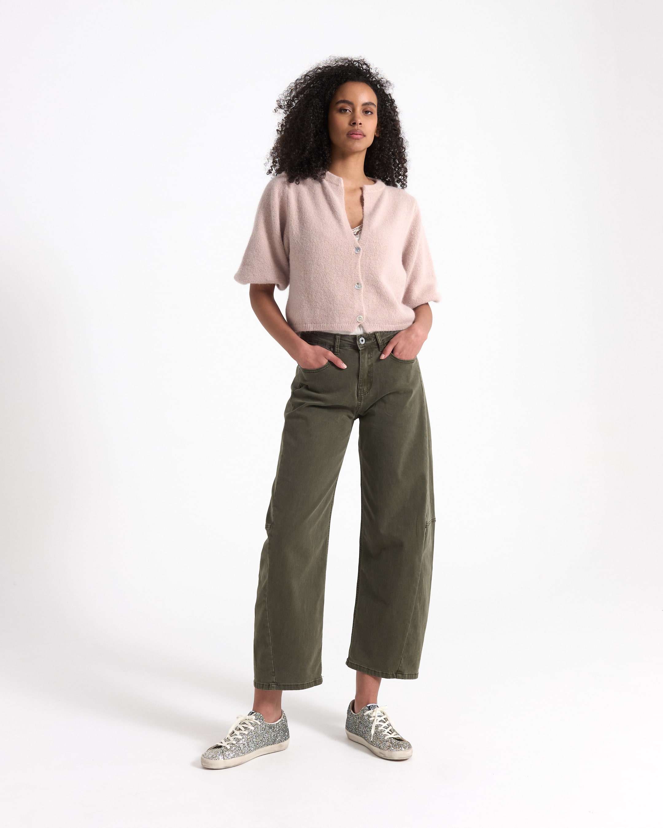 cardigan, roze, korte mouw, brei, broeken