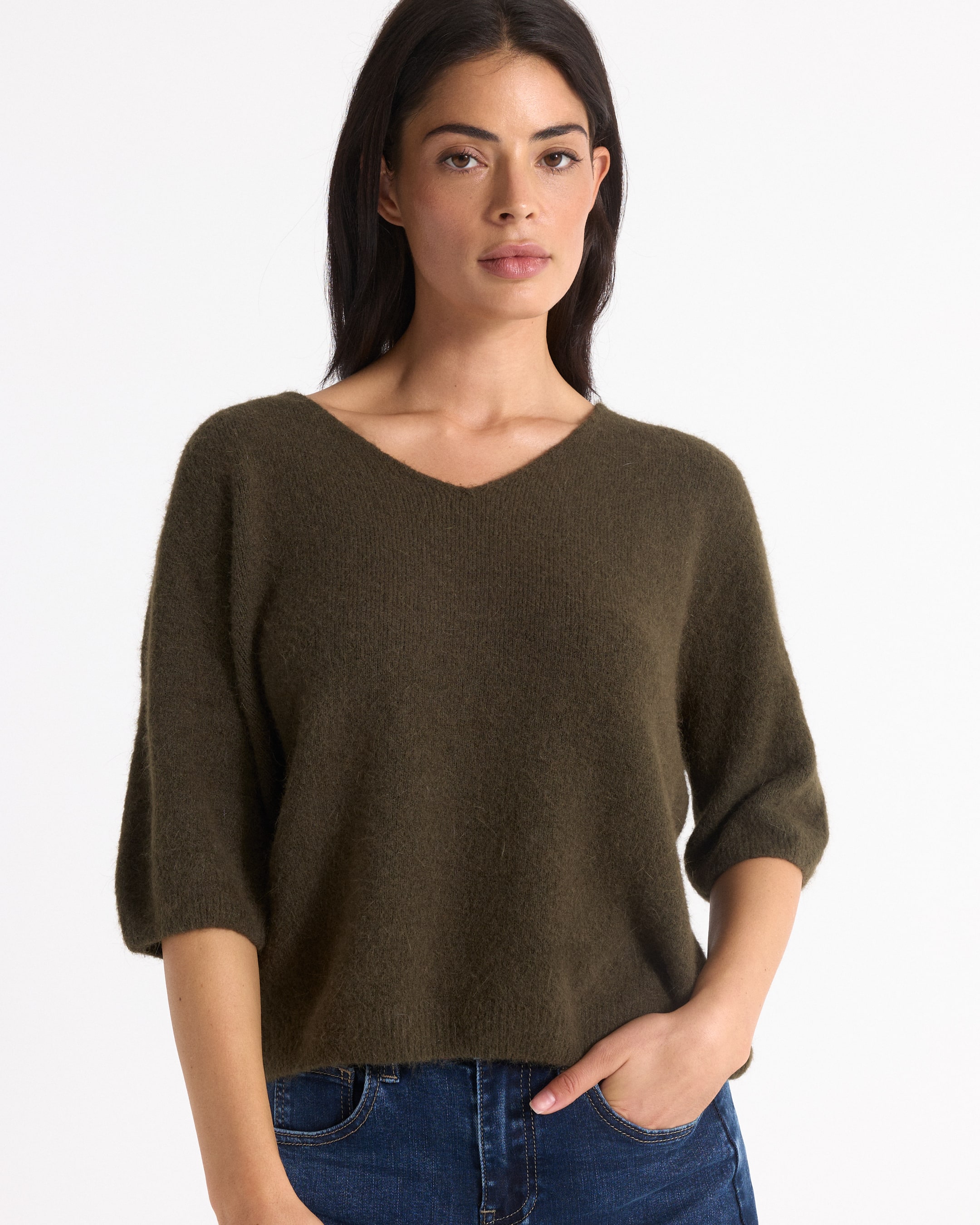 breipullovers, olijngroene, V-hals, driekwartmouw, pullovers]