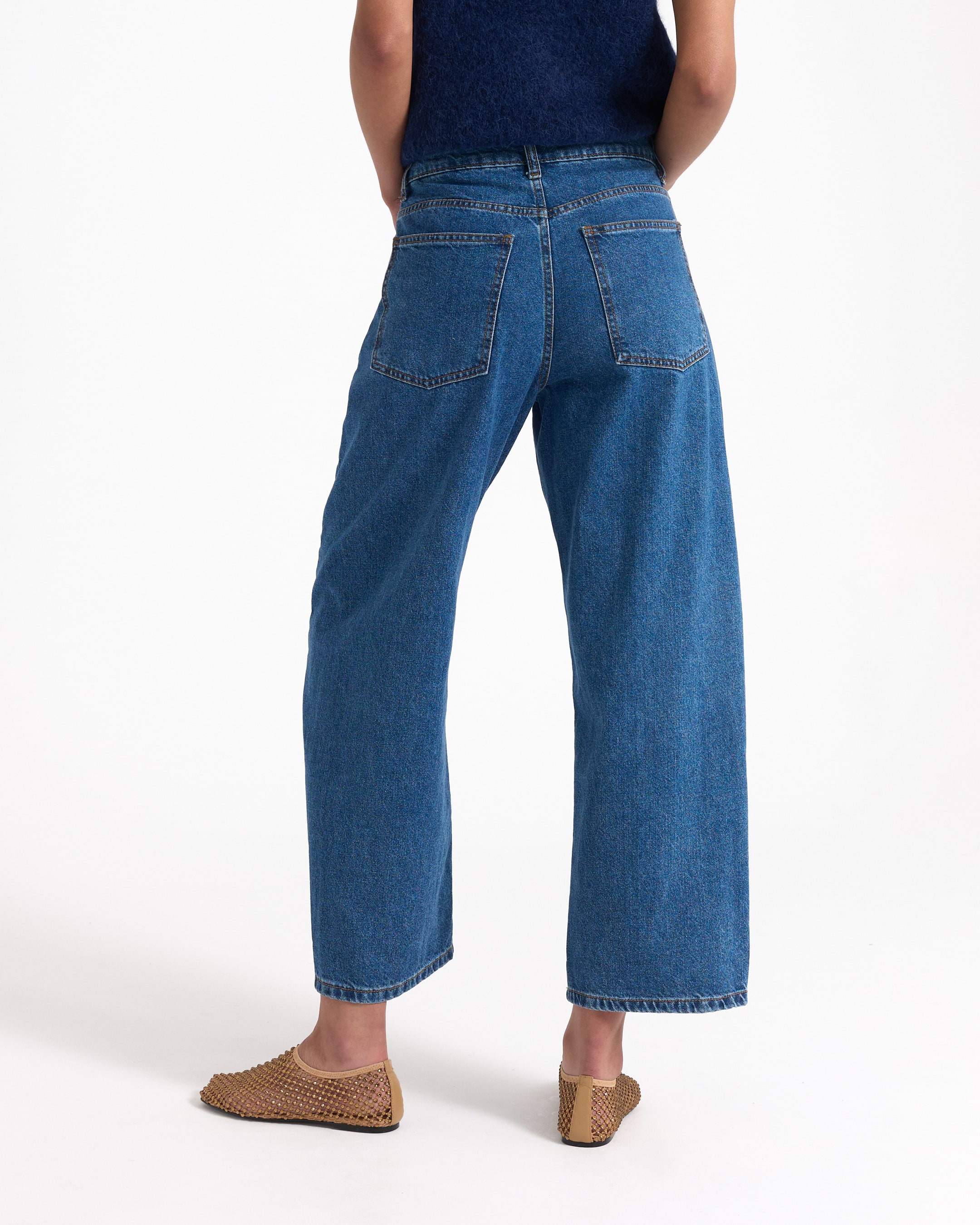 spijkerbroek, wijdte tuls, achterzakken, denim, blauw