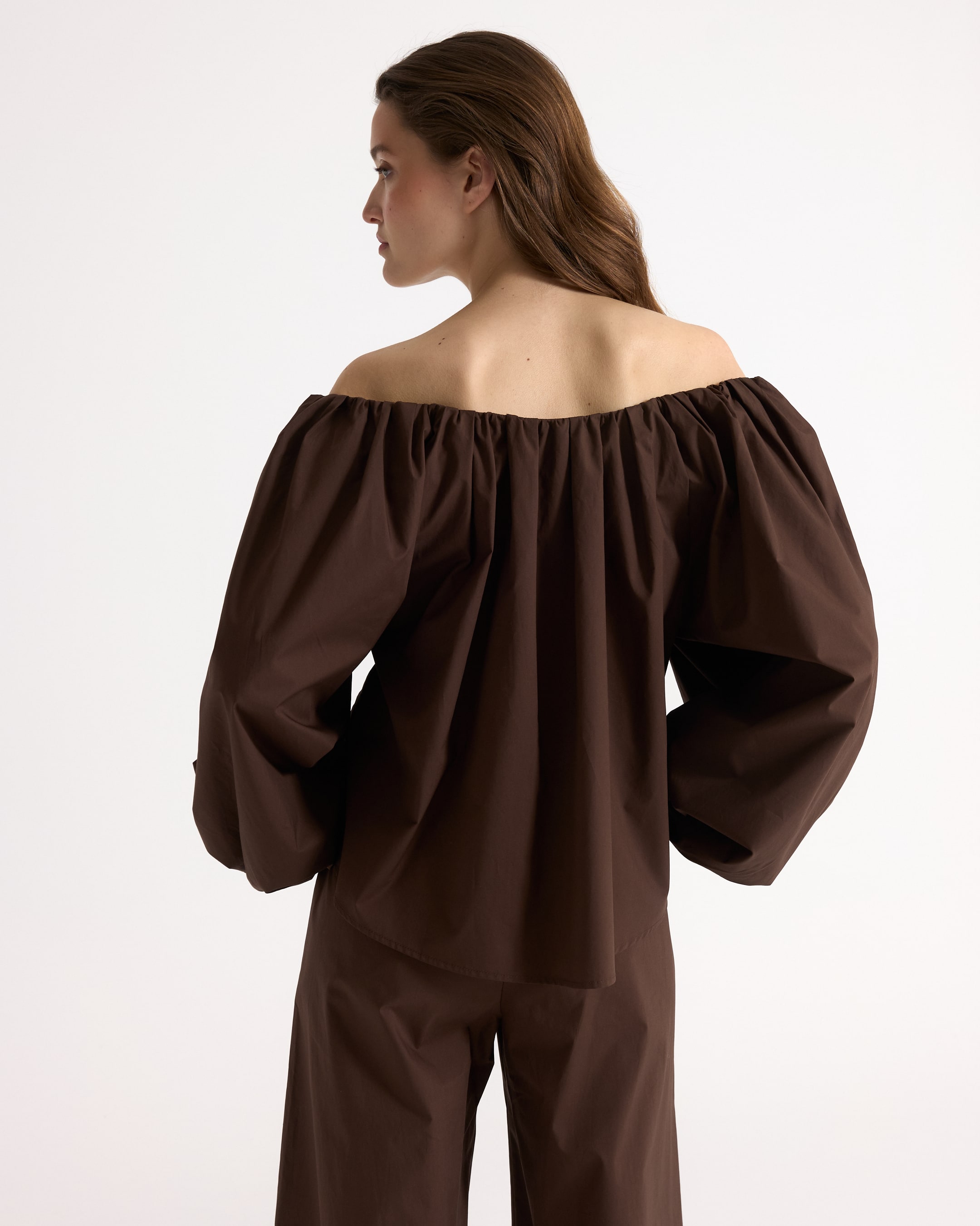 schouderloze top, bruin, pofmouwen, top, bodysuit