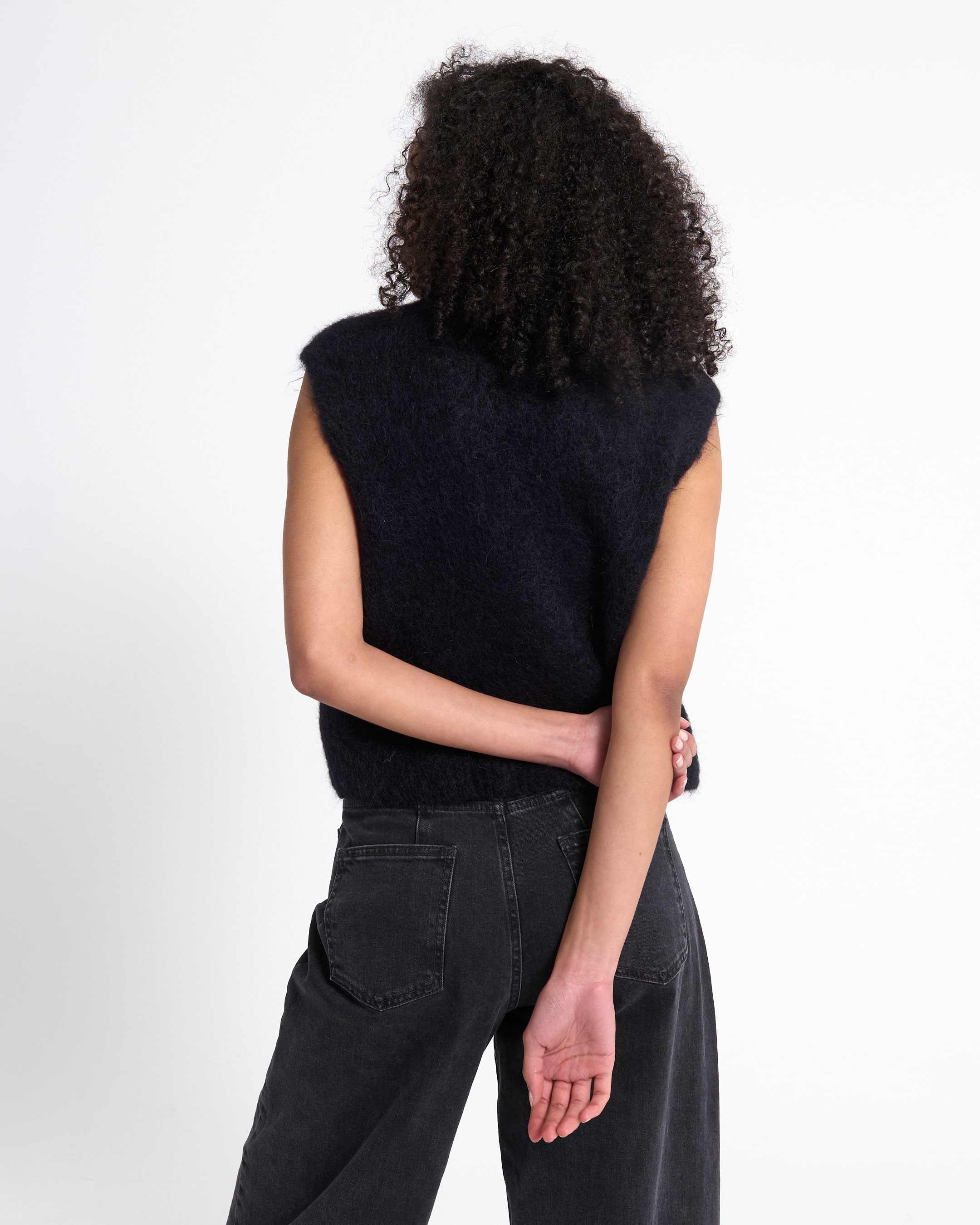 zwart vest, mouwloos, gebreid, top, vrouw