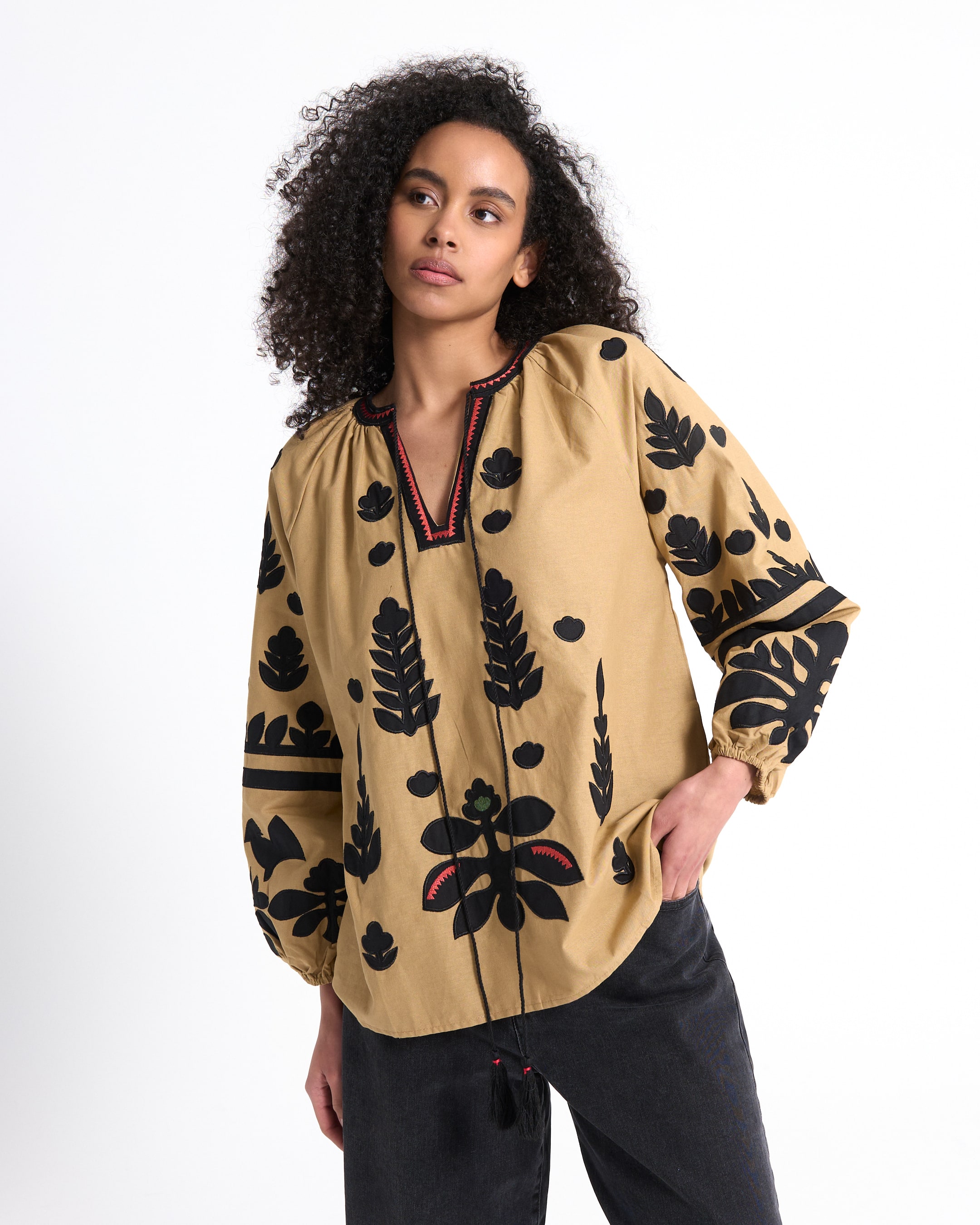 blouse, top, borduurwerk, tan, lange mouw