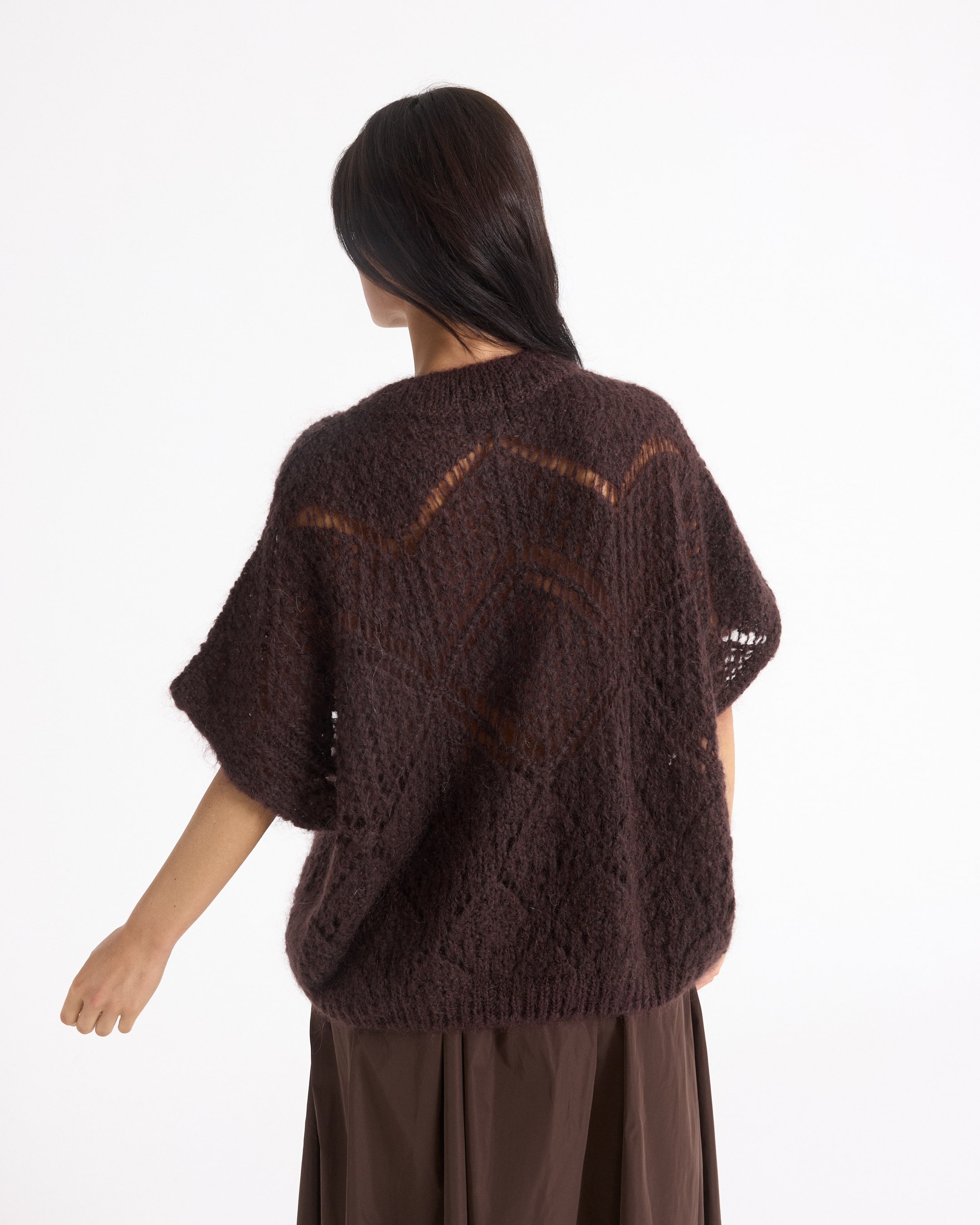 gebreide trui, bruin, losvallend, textured, korte mouwen