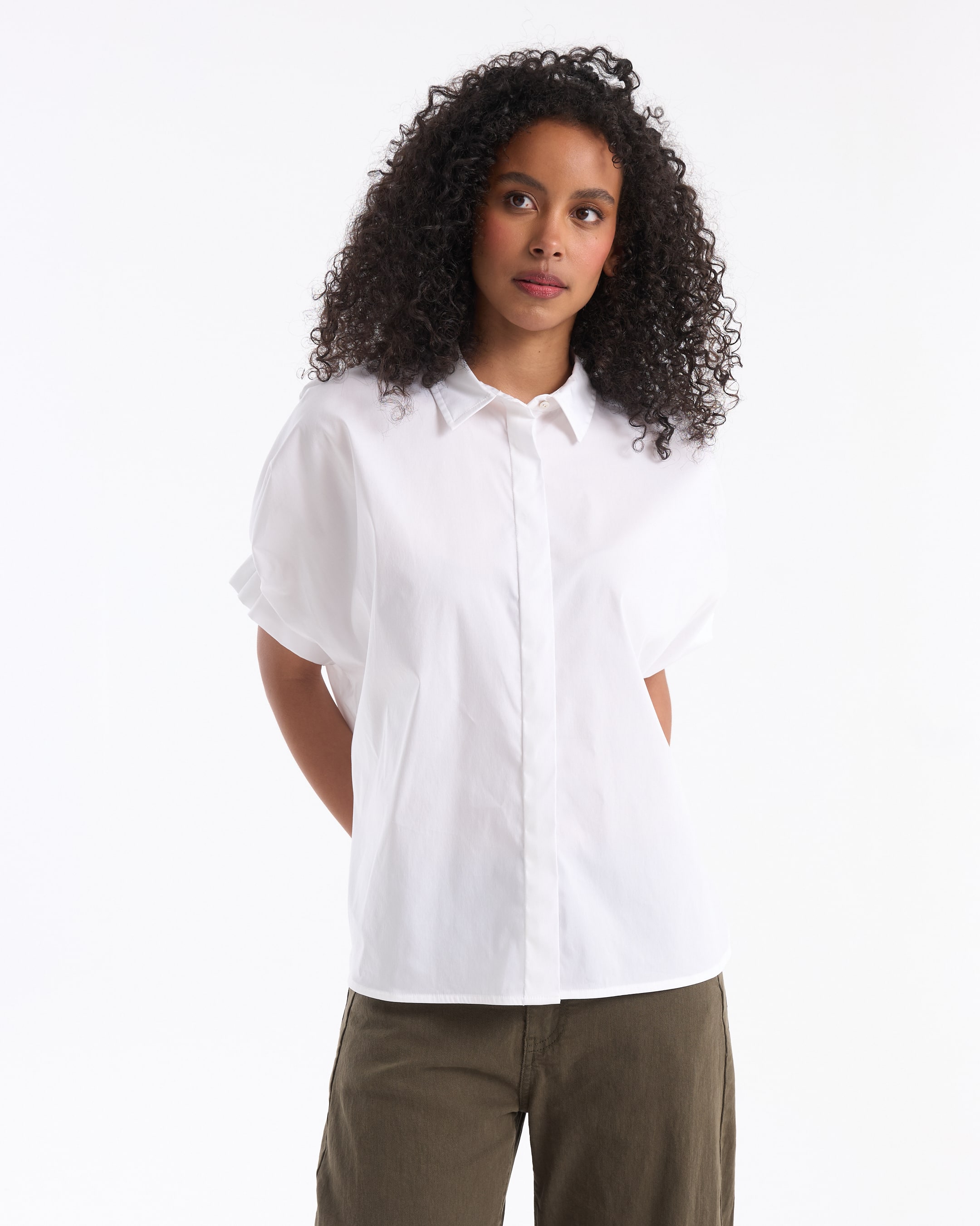 witte blouse, knopen-down, korte mouwen, kraag, katoen, top, blouse, vrouw, top