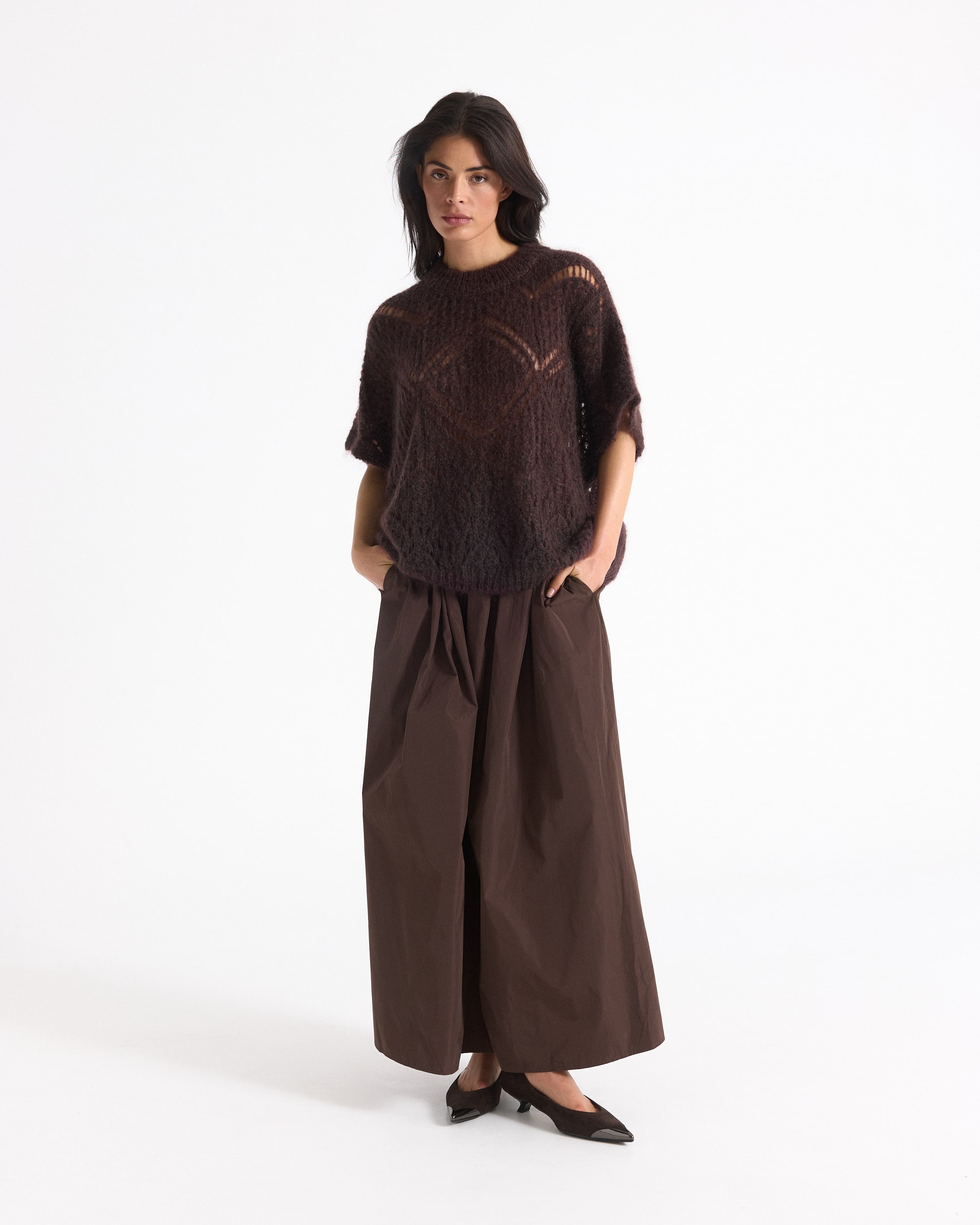 breip sweater?, bruin, losse pasvorm, korte mouw?, wijd uitlopende broek