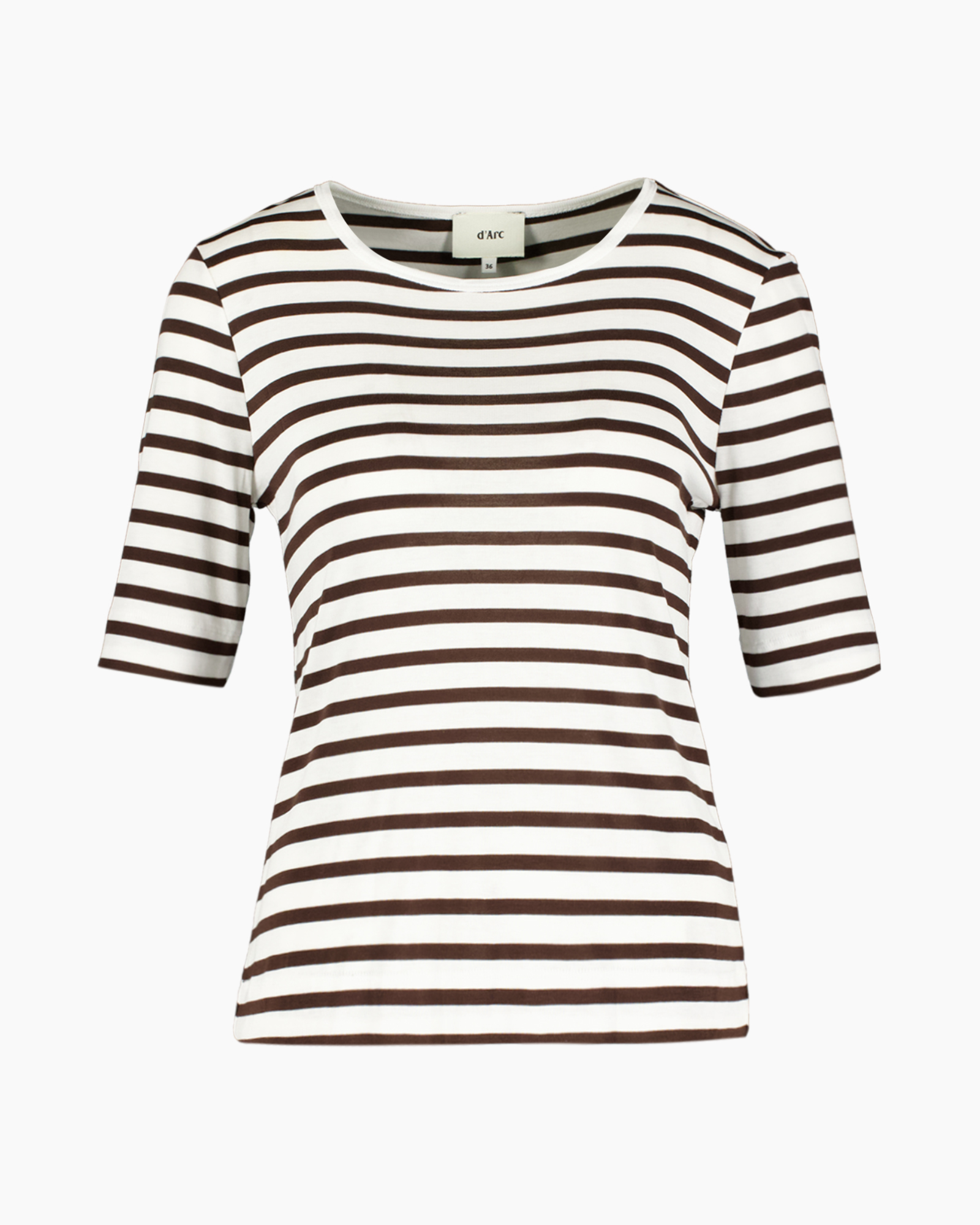 t-shirt, gestreept, korte mouw, bruin wit, ronde hals