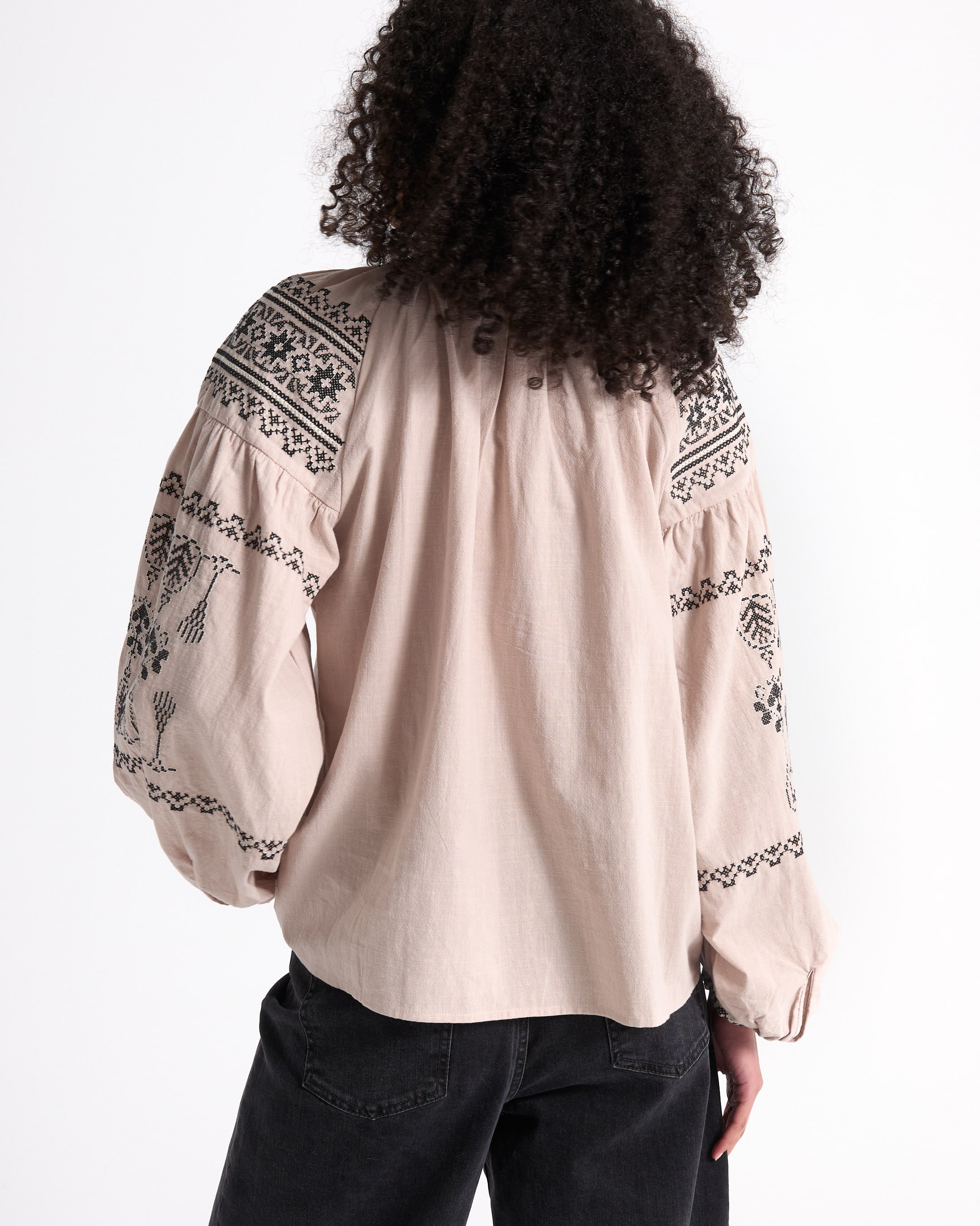 blouse, borduursel, pofmouw, beige, linnen