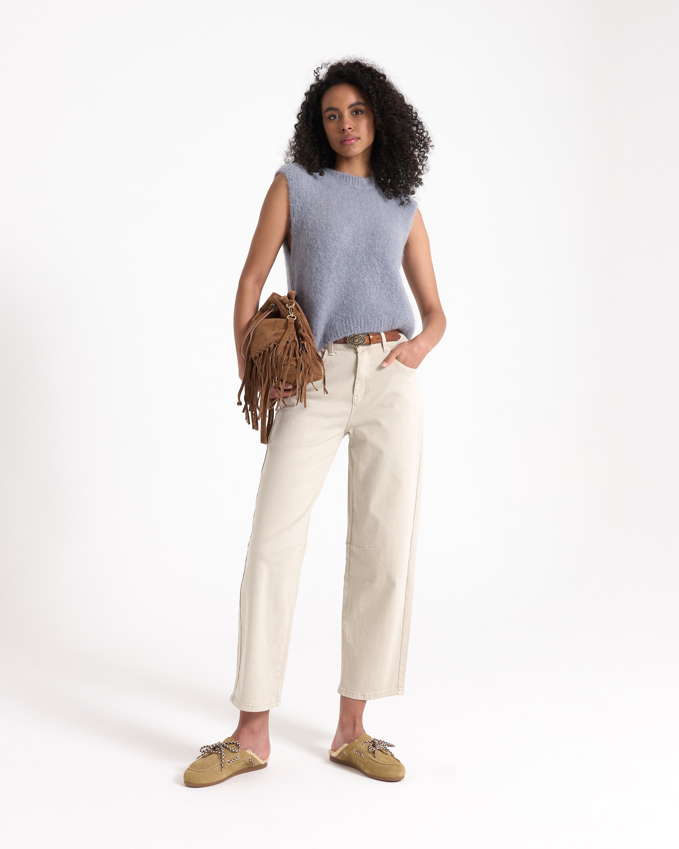 top brei, mouwloze trui, blauw, lichtblauw, broek, sinmouser