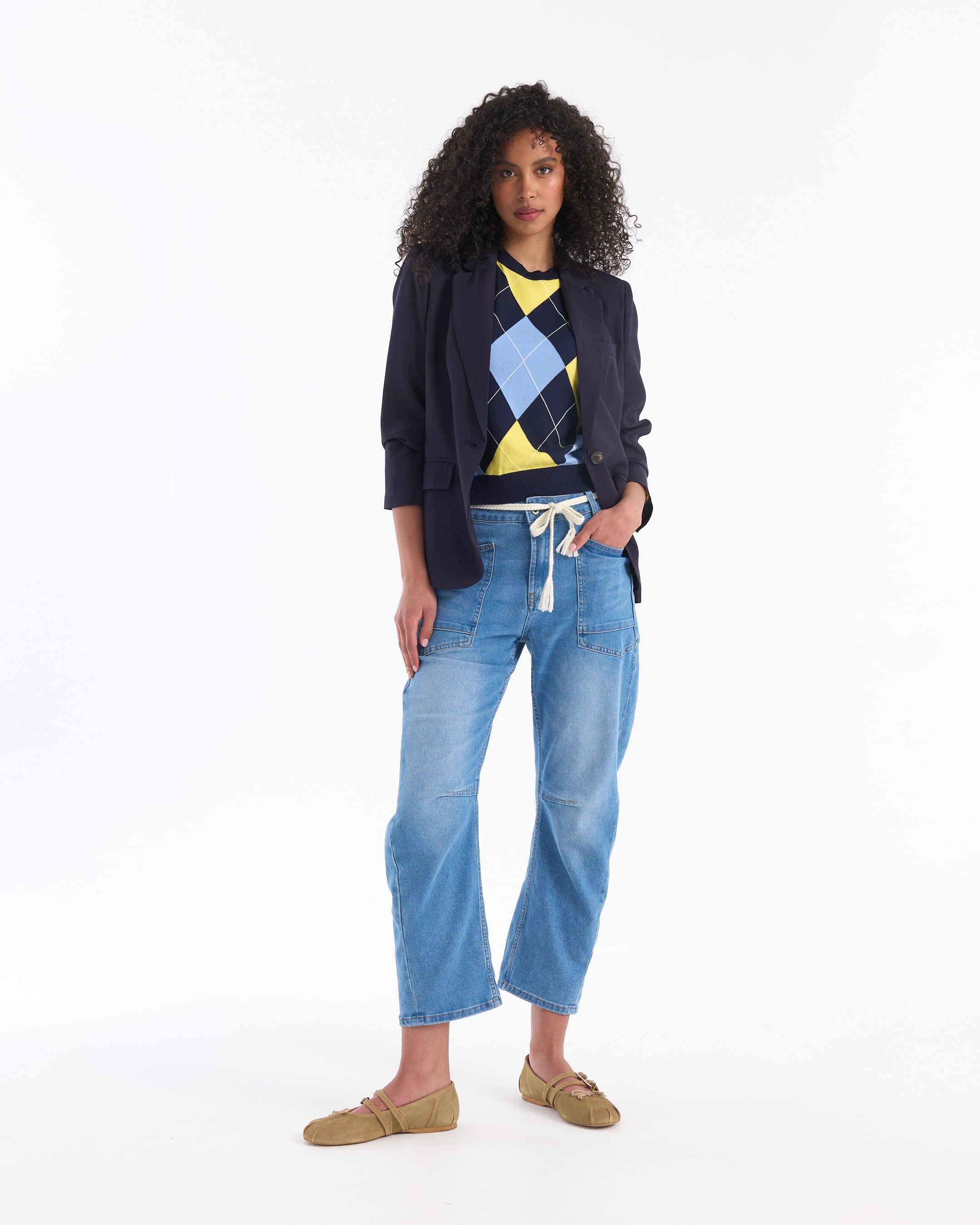 argyle, trui, korte mouw, marineblauw, blauw-geel