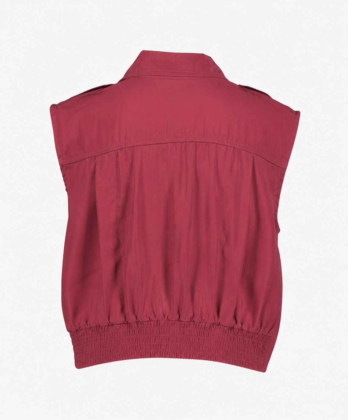 knopsluiting, mouwloos, gekraagd, bordeauxrood, top