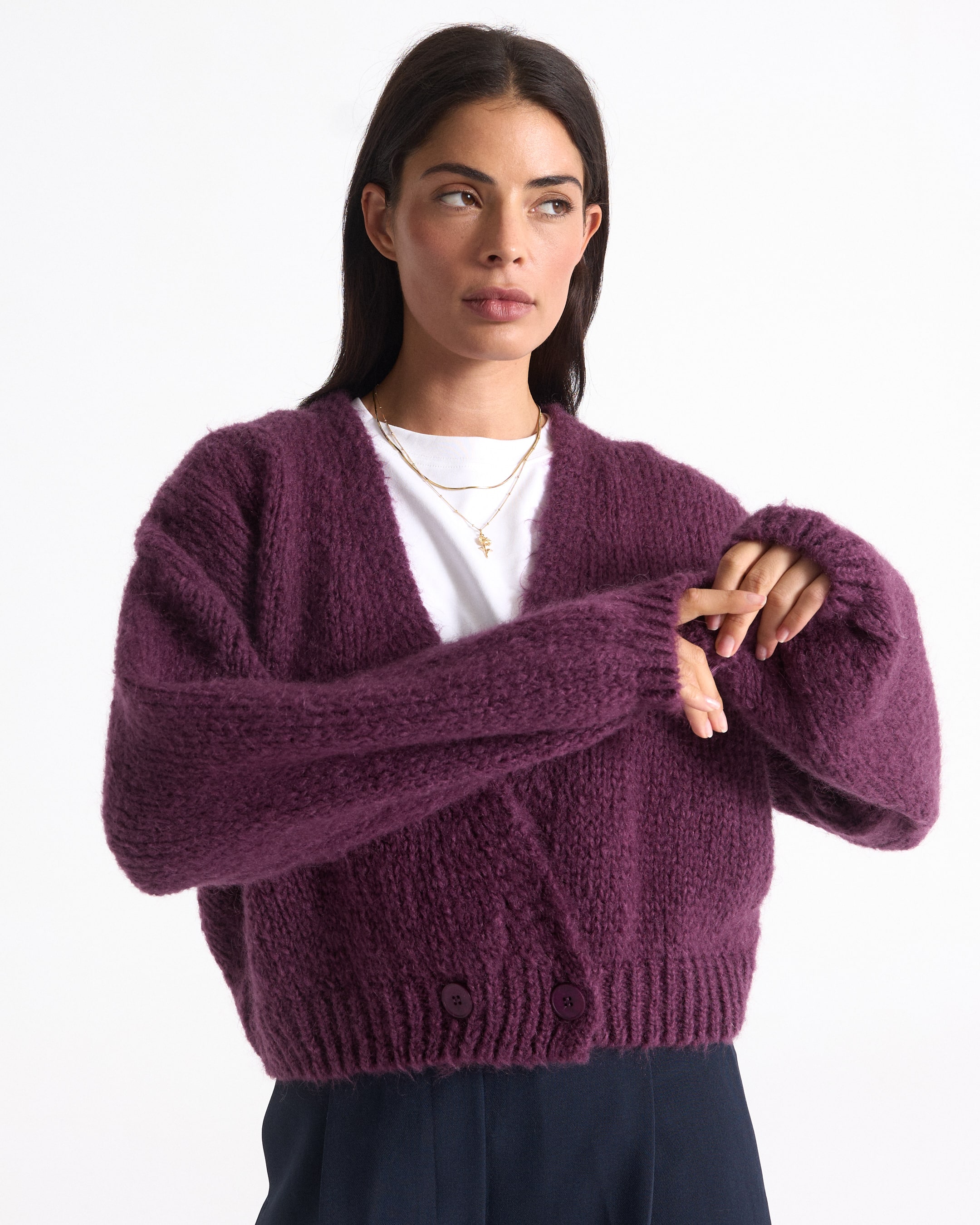 cardigan, gebreid, paars, lange mouwen, knopjes cardigan