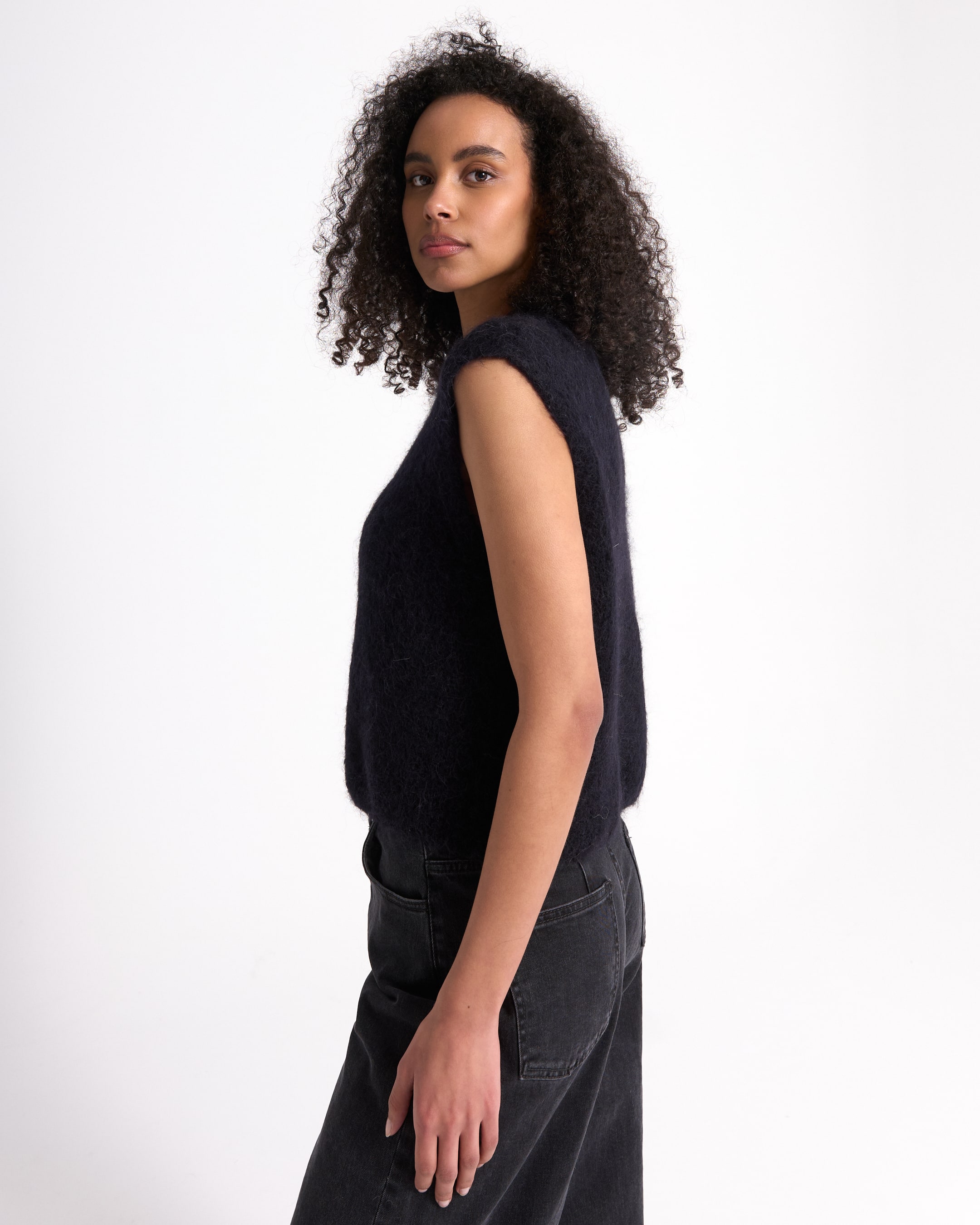 top, zonder mouwen, brei, zwart, zakken