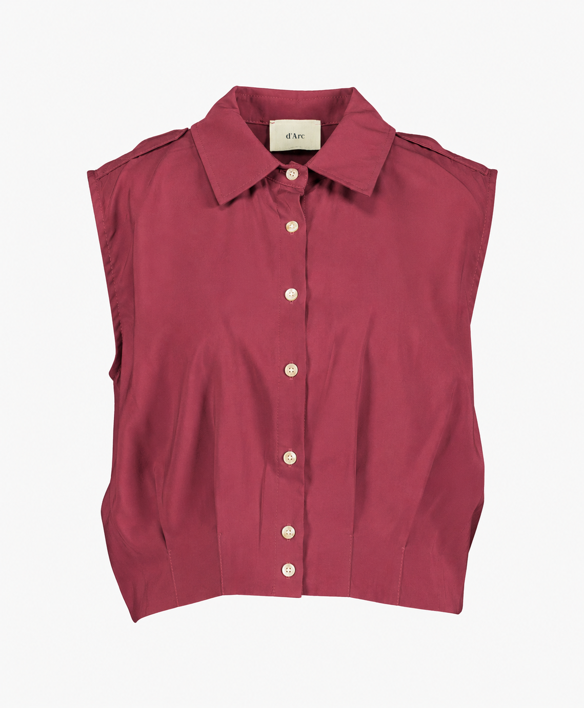 knopsluiting, mouwloos, gekraagd, bordeauxrood, top