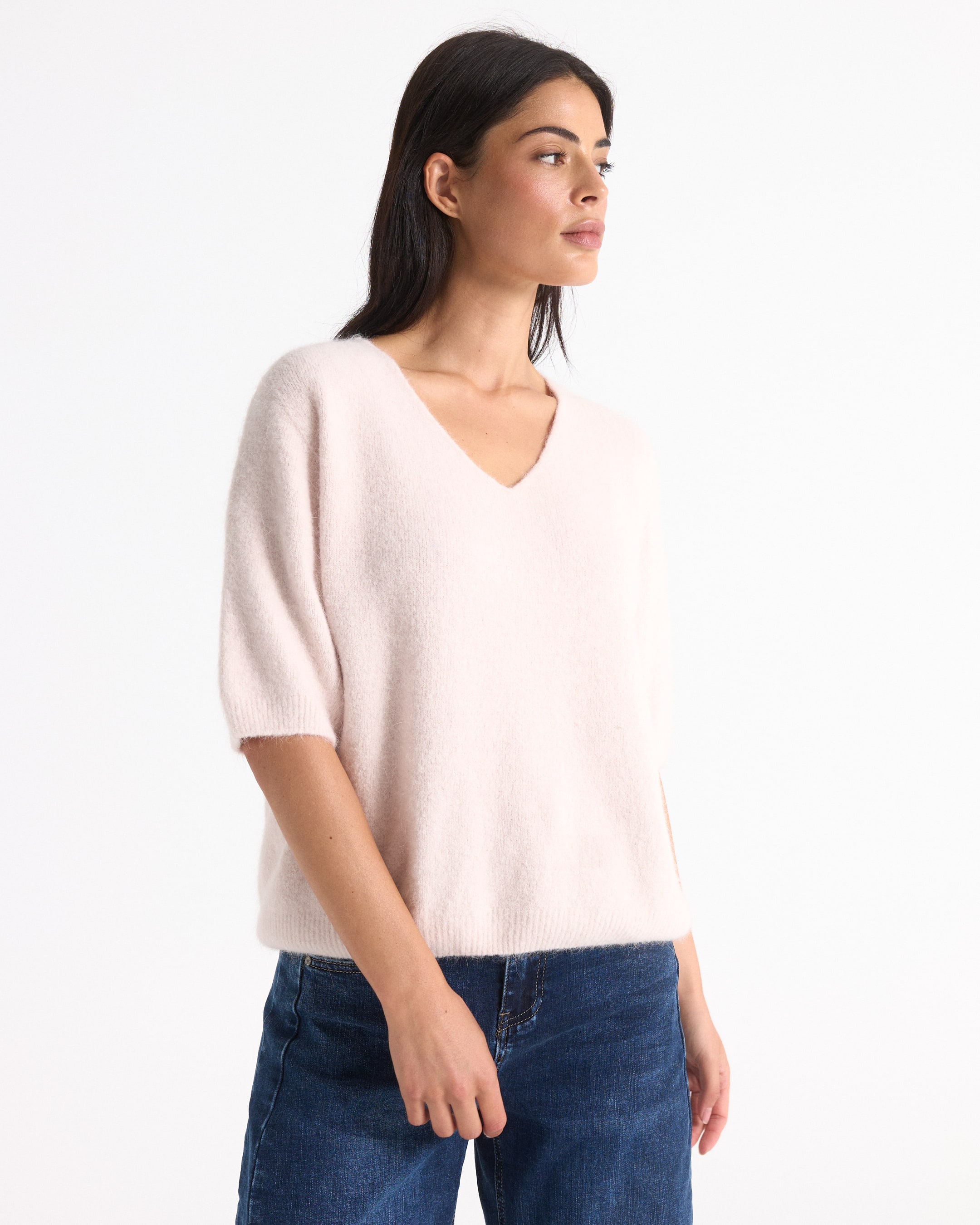 trui, pullover, v-hals, lichtroze, brei