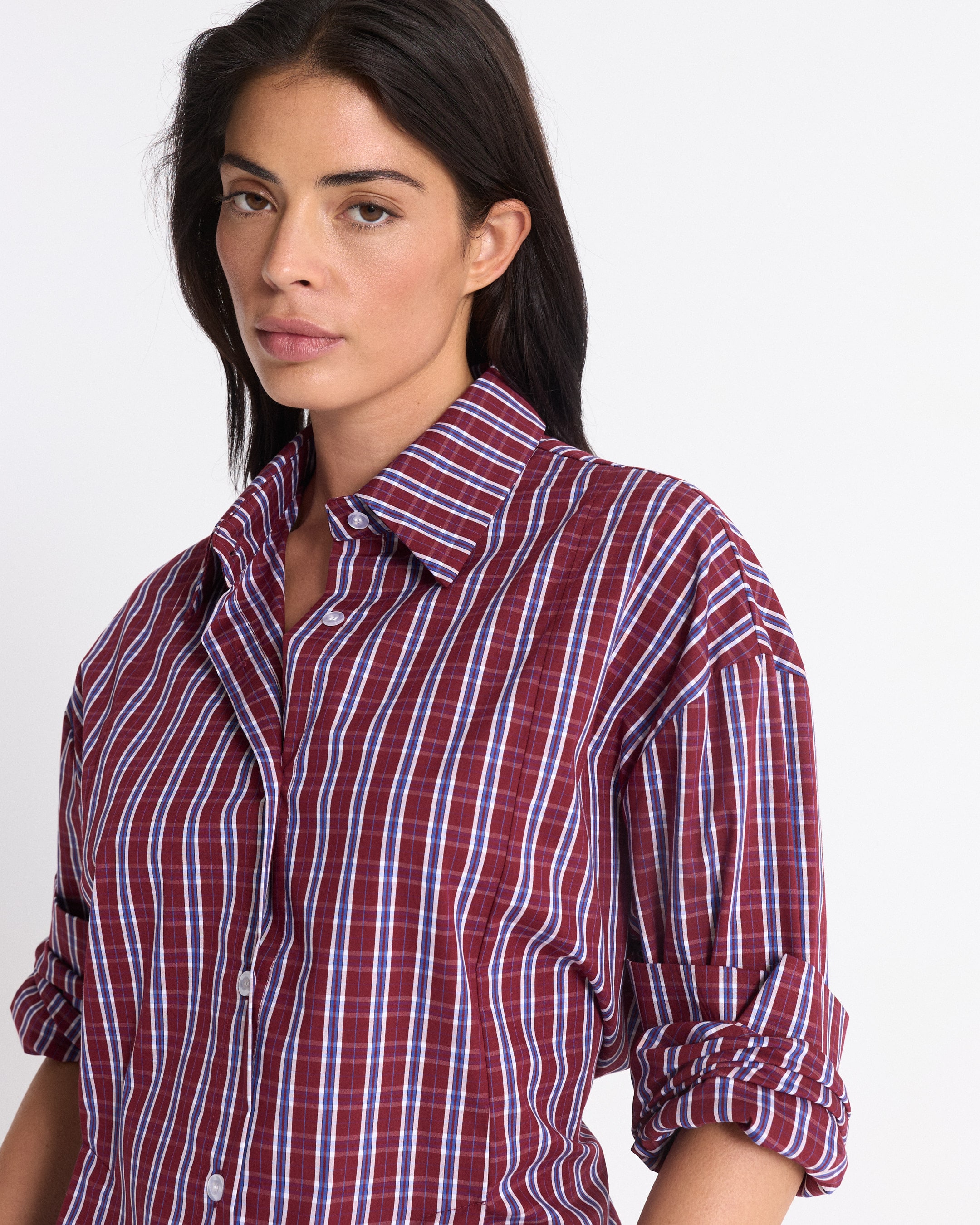 overhemd met ruit, gestreepte blouse, maroon overhemd, knopen down, katoenen overhemd
