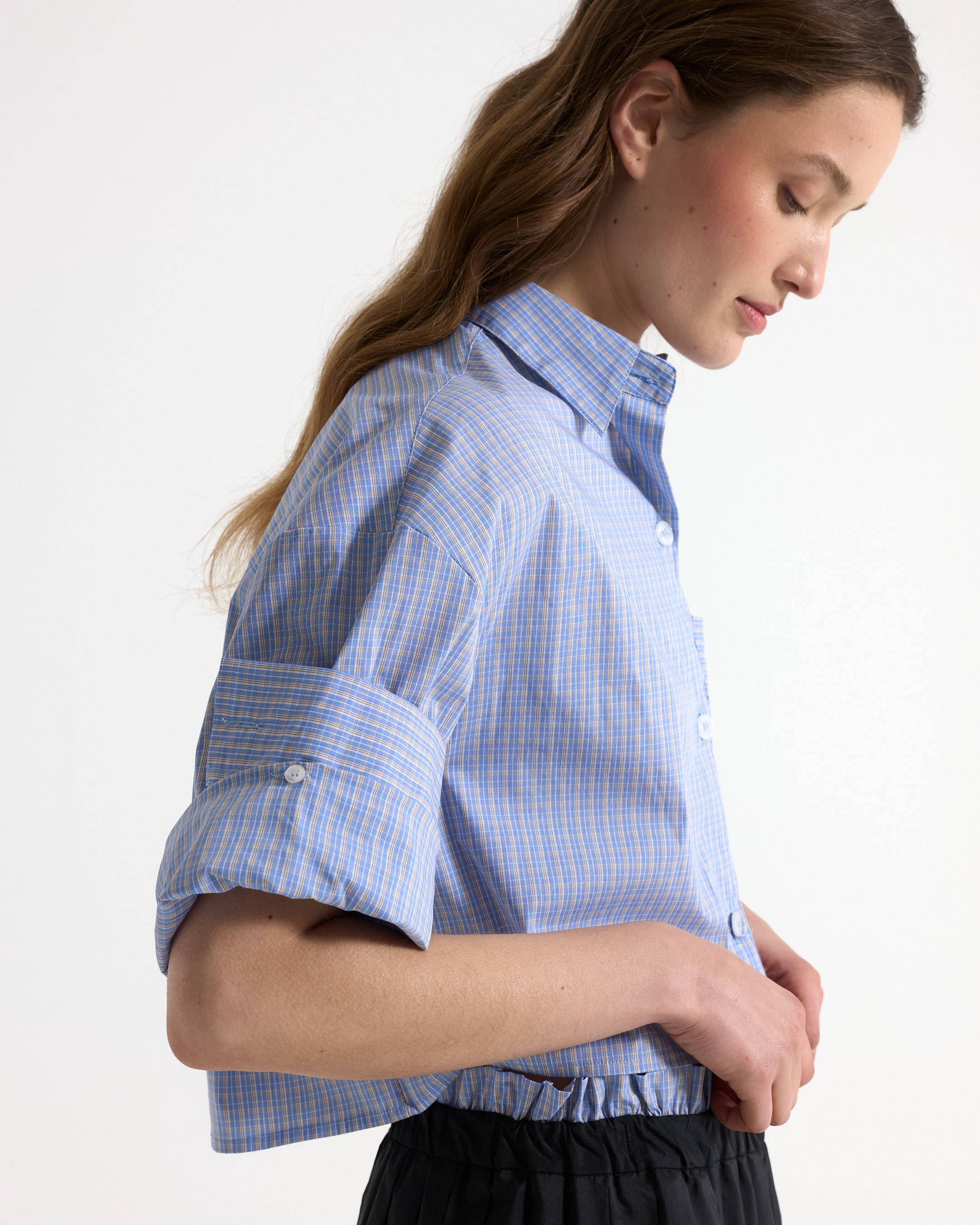 shirt, blauw, gekruist, ingekort, korte mouw