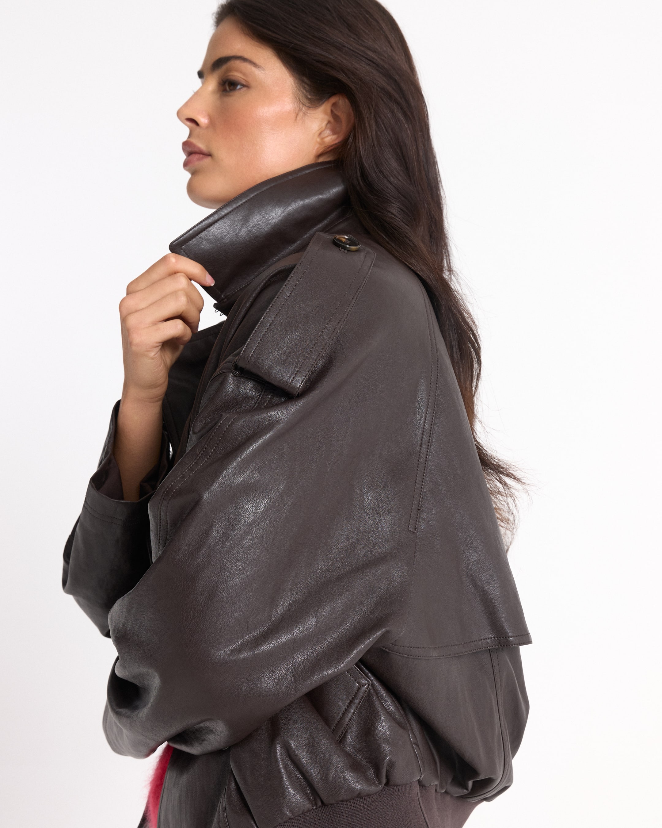 leer leren jas, dubbelrijige, biker stijl, bruin, rood trui