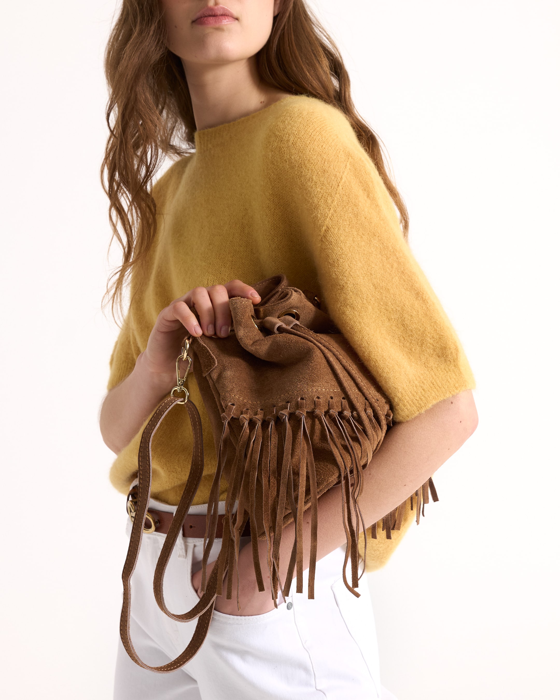 tasje, franje, bruin, suède, schoudertas