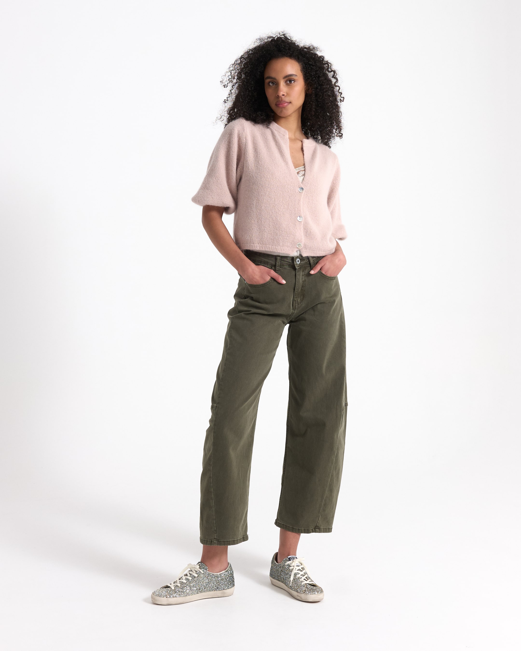 cardigan, roze, korte mouwen, brei, knopen