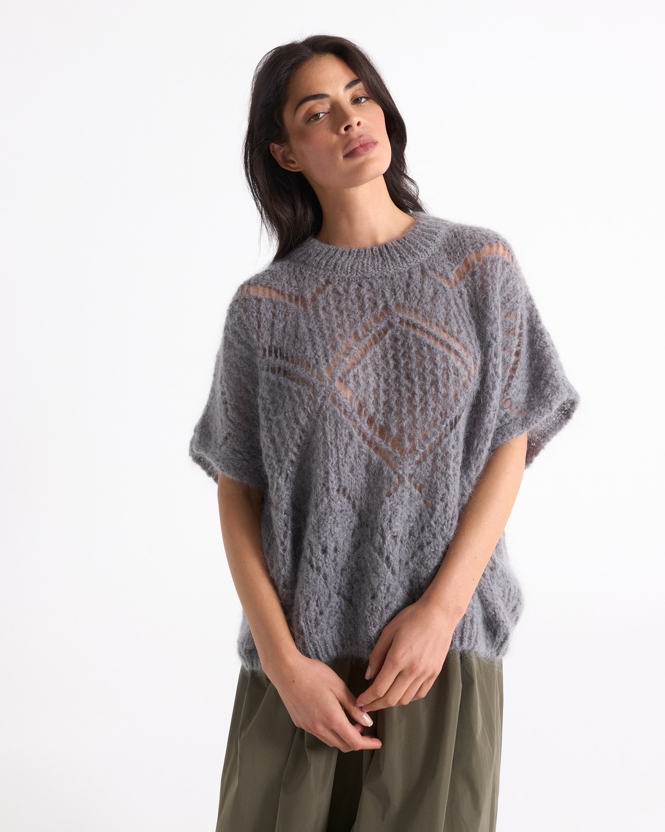 gebreidetrui, pullover, grijs, geometrisch patroon, losvallend pak
