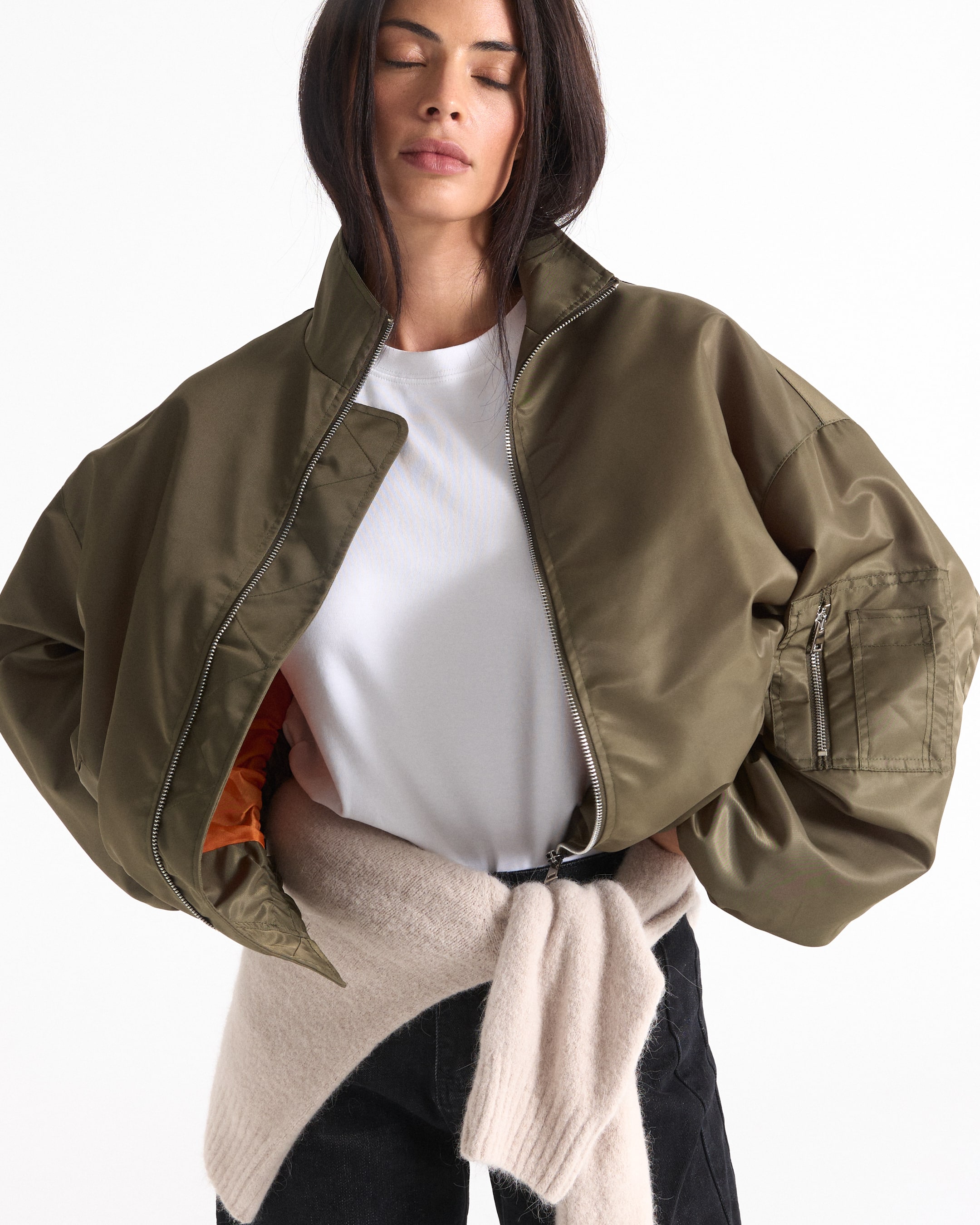 bomberjacket, olijfgroen, Rits, zak,”, over-sized mouwen