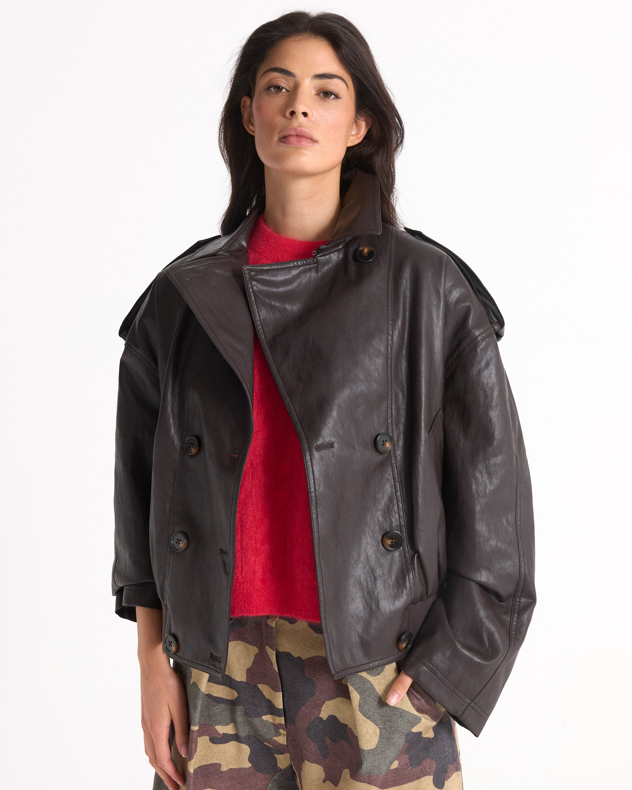 leer leren jas, dubbelrijige, biker stijl, bruin, rood trui