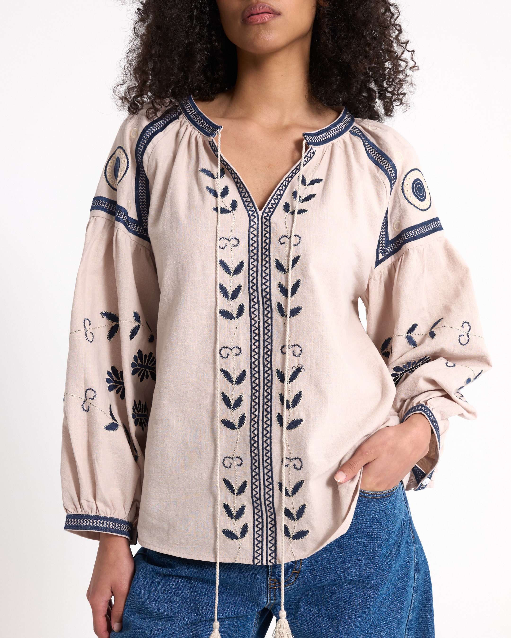 blouse, borduuring, crème, boho, lang-sleeve