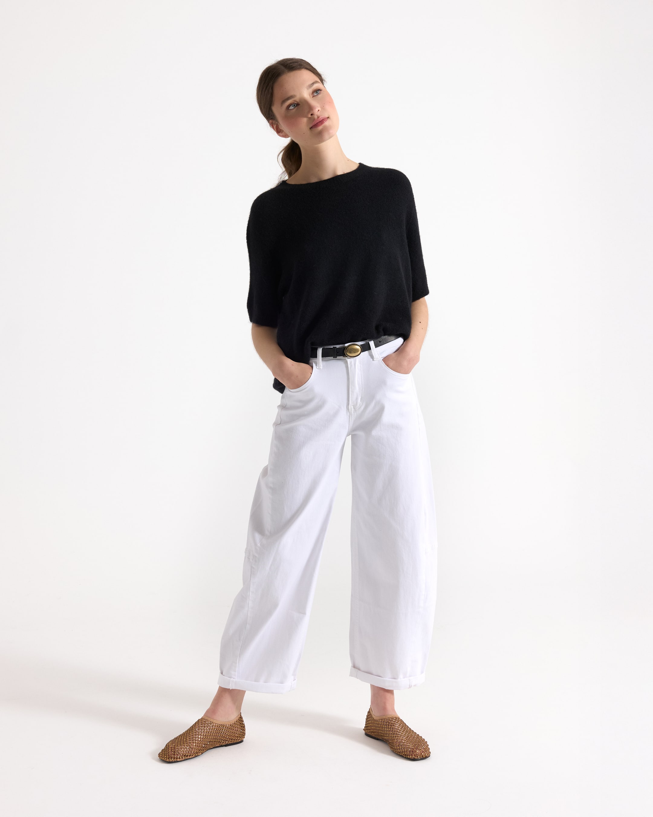 zwarte Trui, rond hals, korte mouwen, gebreide top, effen zwart