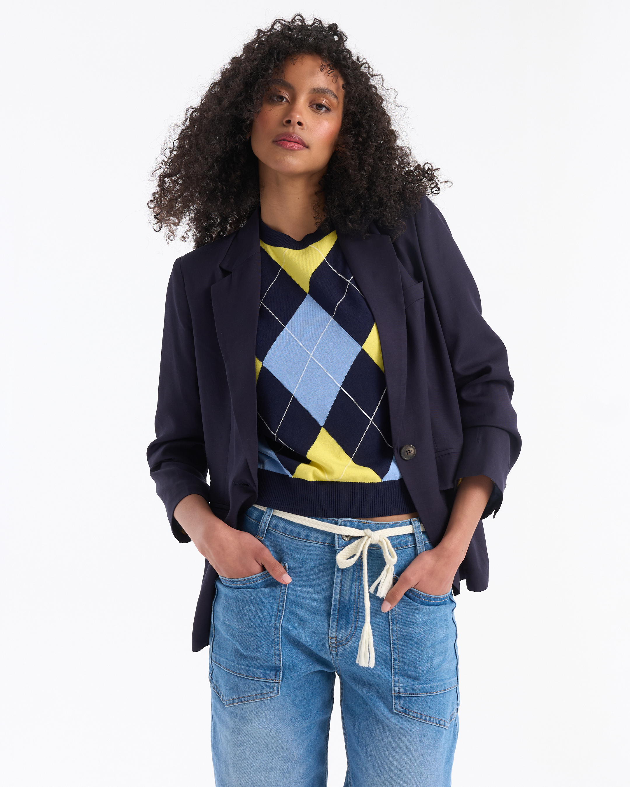 blazer, jasje, vest, argyle trui, blauwe jeans