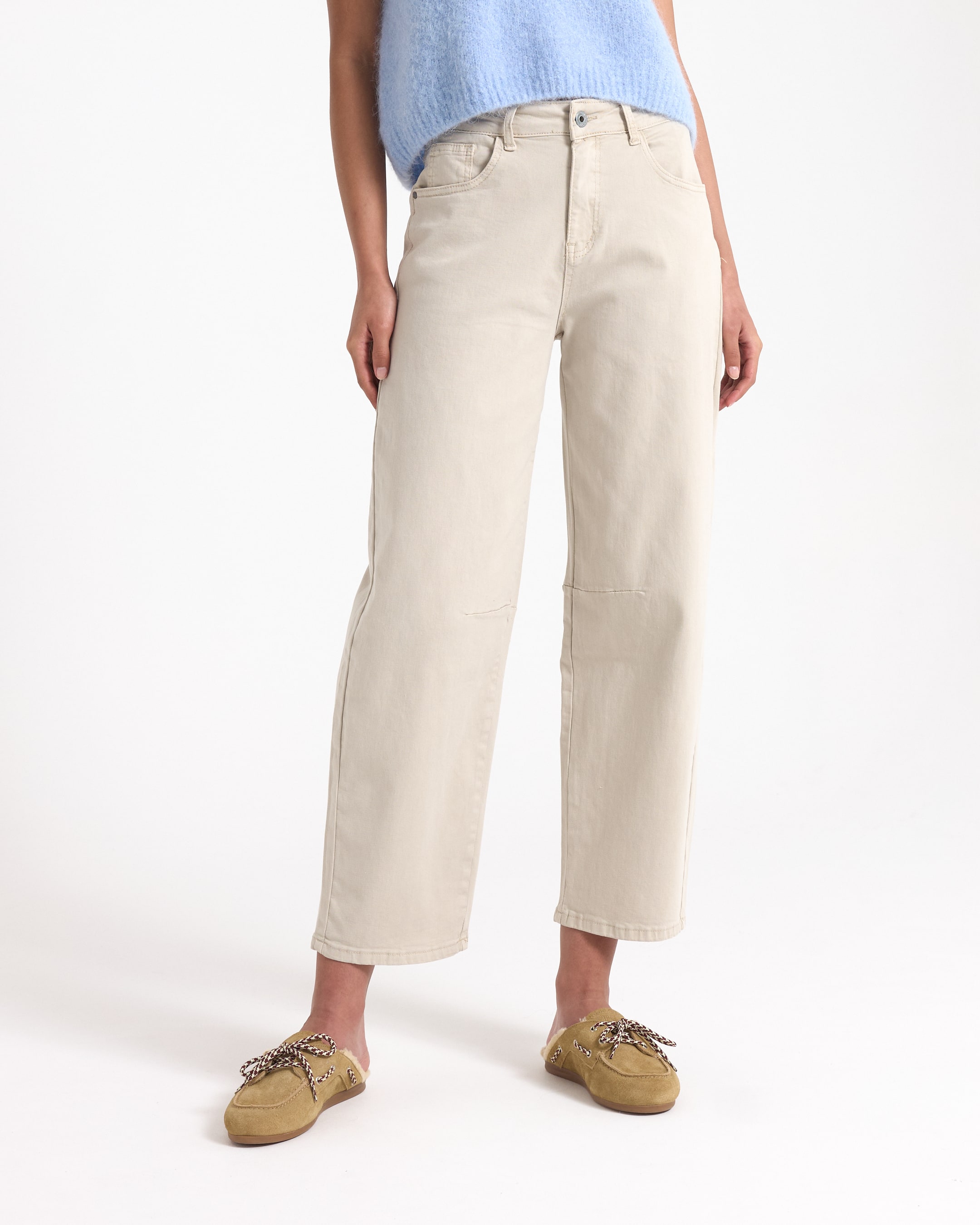 broeken, beige, middellange, recht, platte voorkant