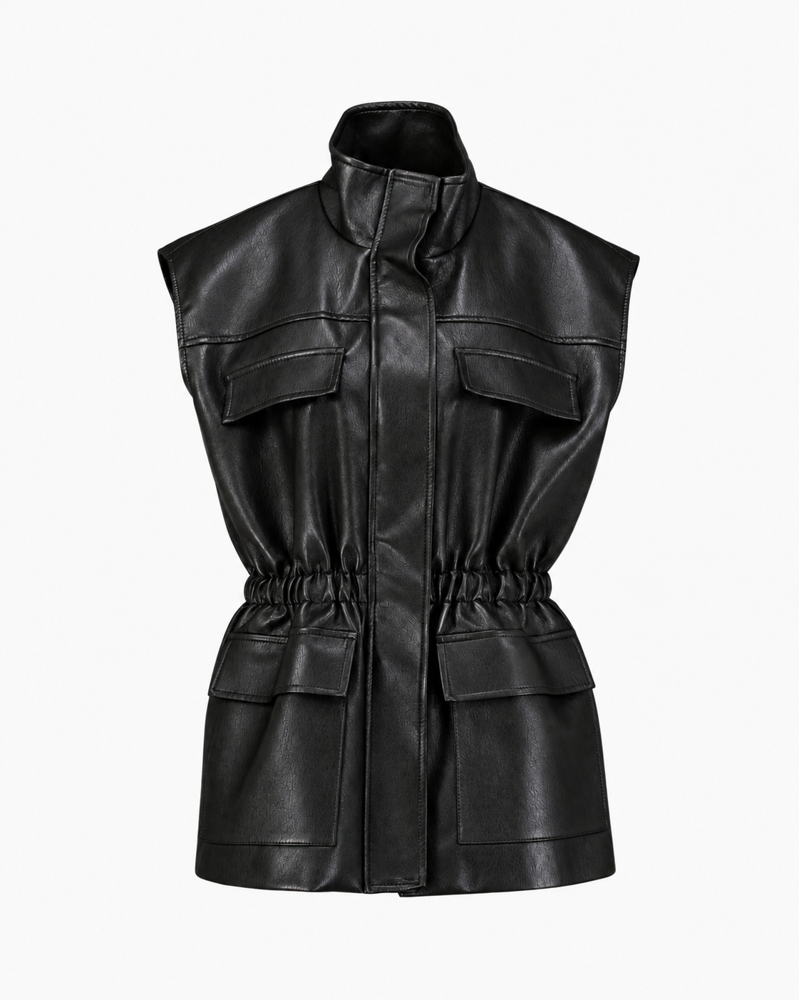 zwart, leder, vest, zakken, elastische_ taille