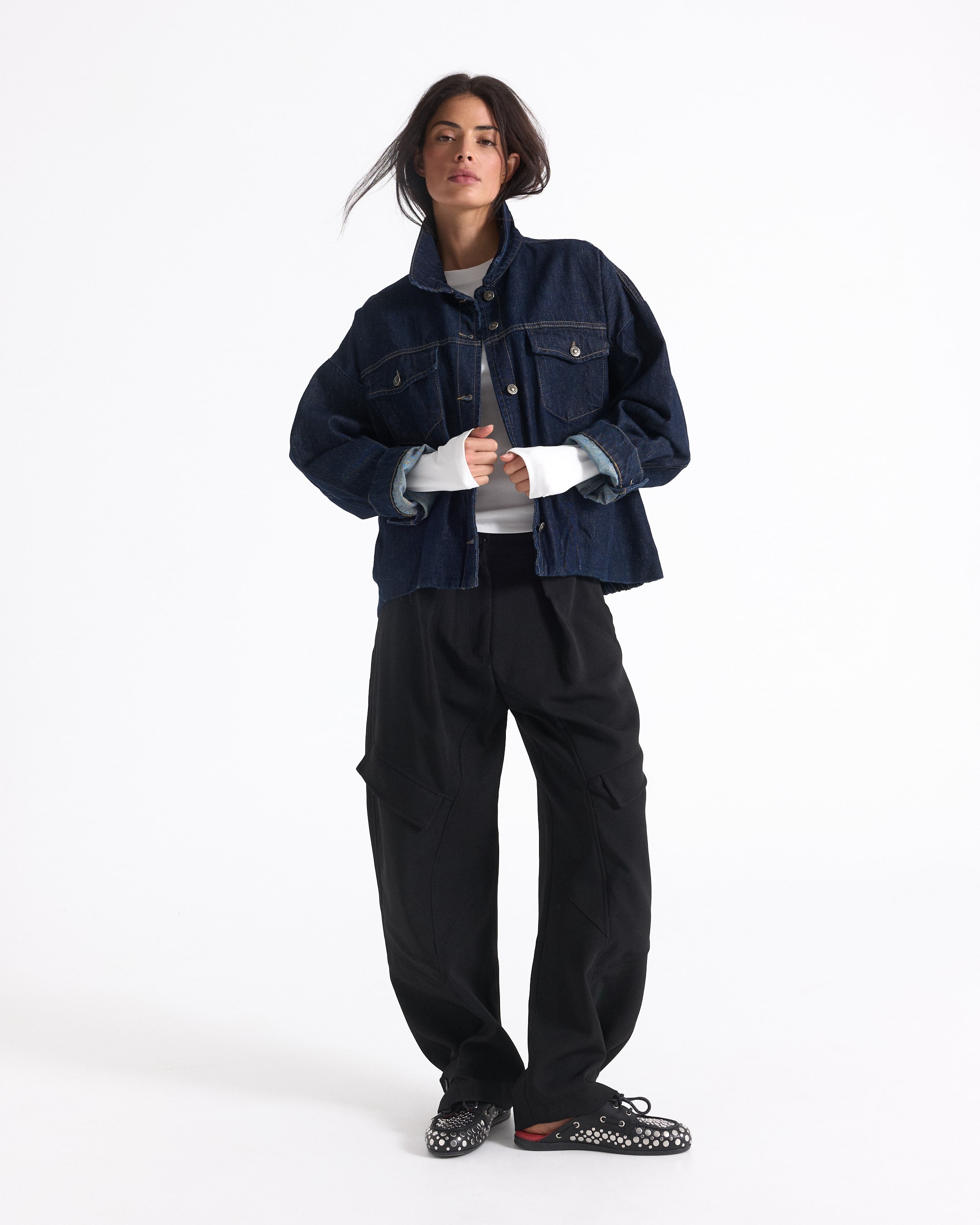 spijkerjack, blauwe jas, oversized, donker gewassen, zakkenbroek