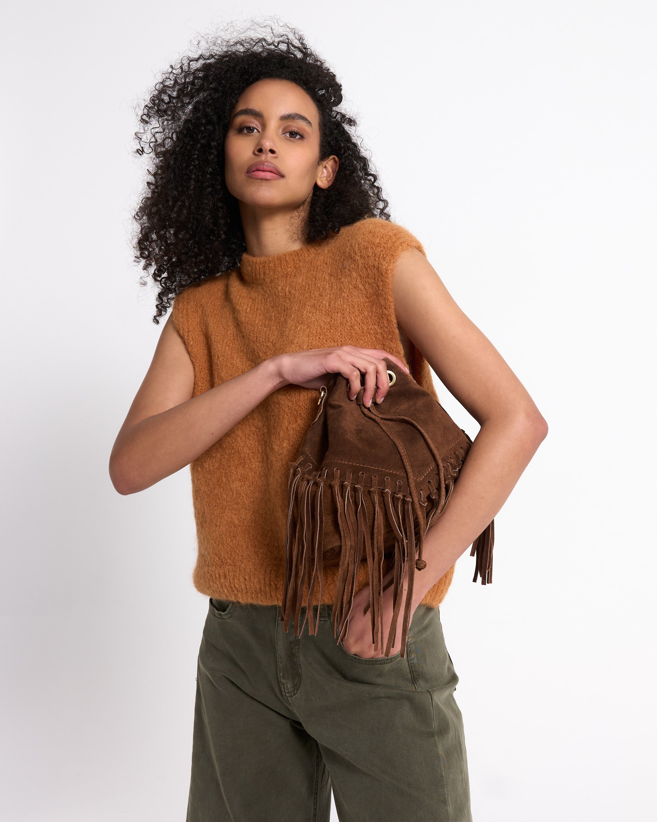 top, brei, oranje, mouwloos, tas franjes