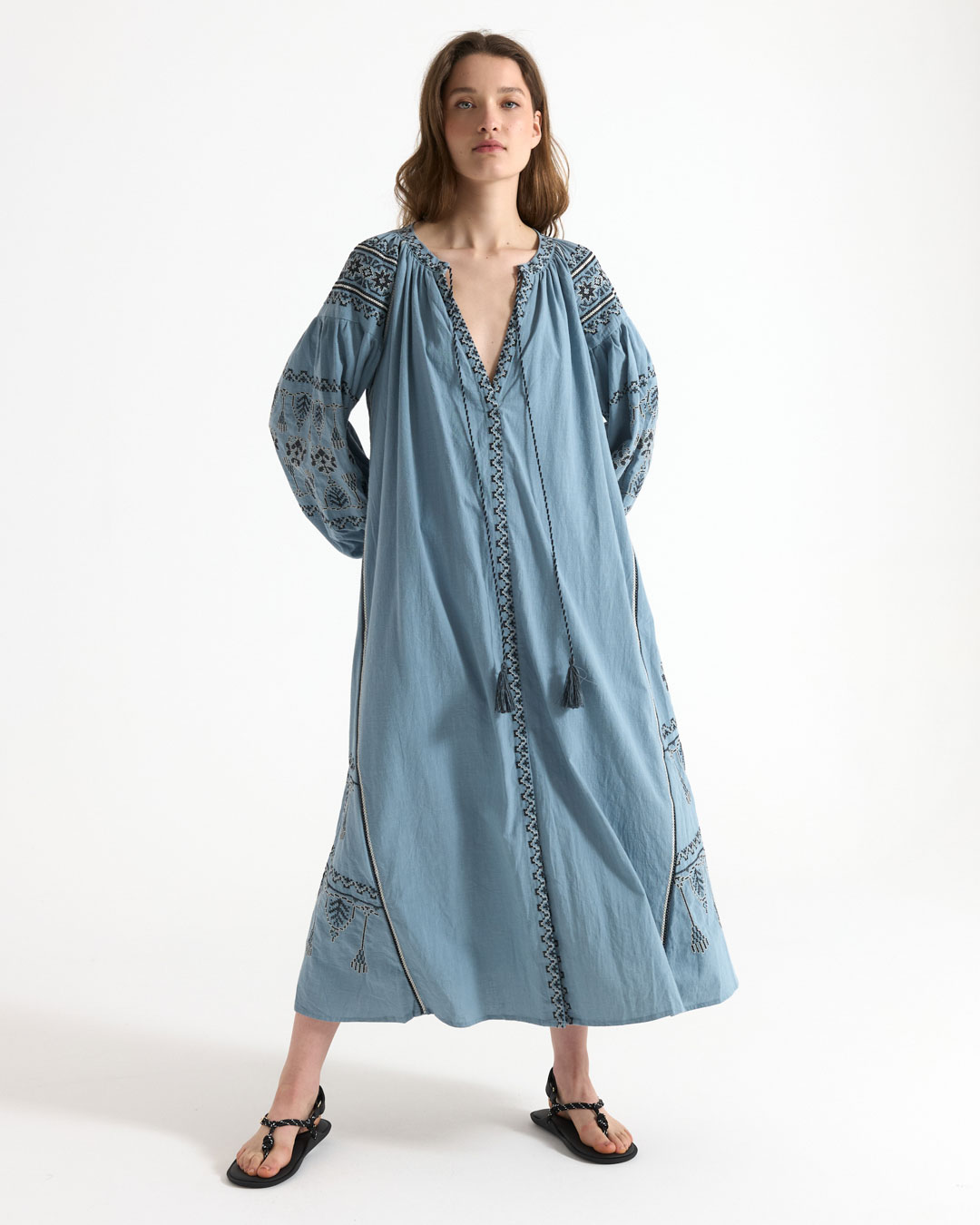 jurk, maxi jurk, borduursel, boho, blauw