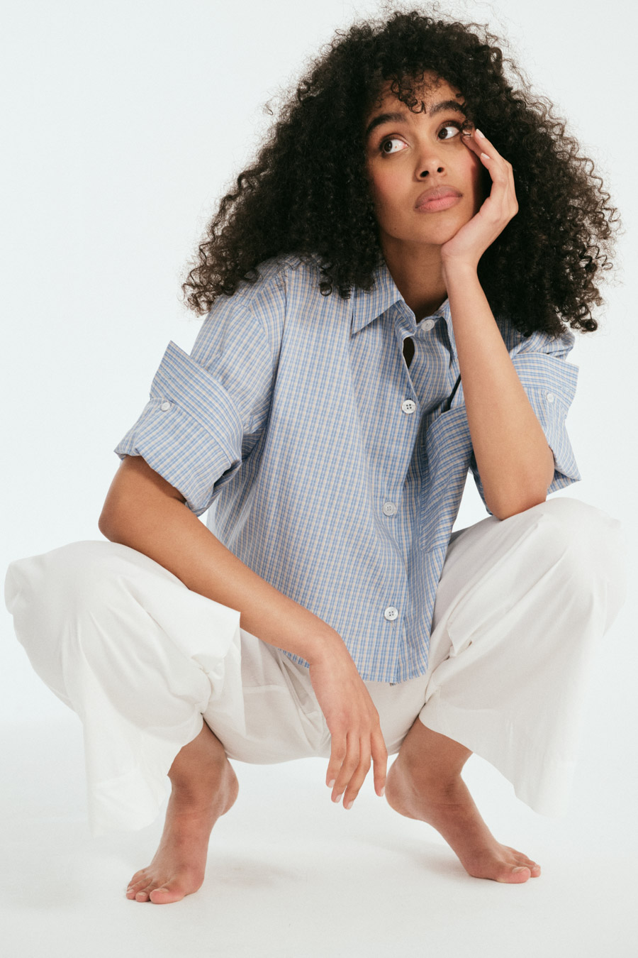 hemd, ruit, kortmouw, knopen, lichtblauw