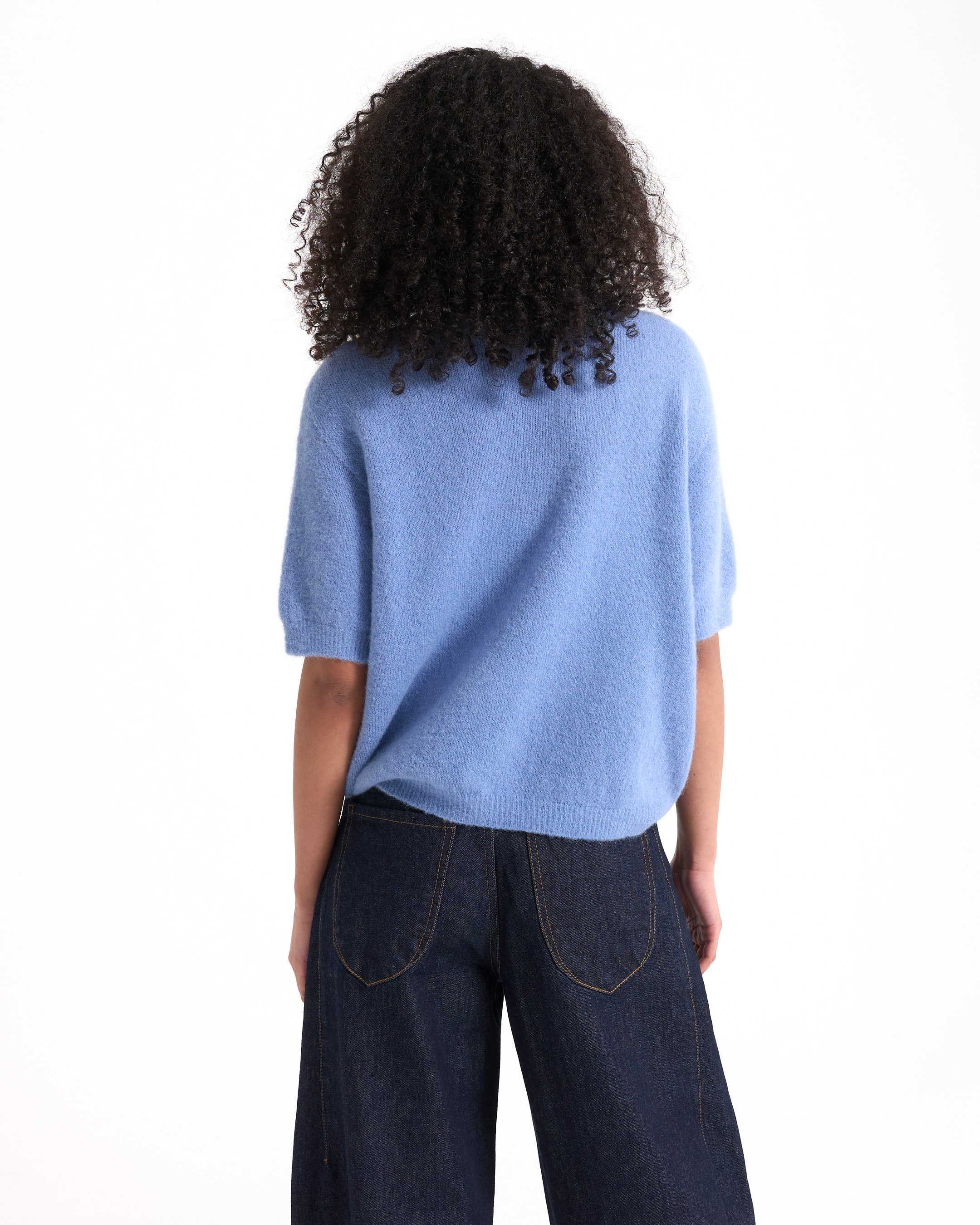 blauw vest, pullover, breiwerk, korte mouwen, achterkant