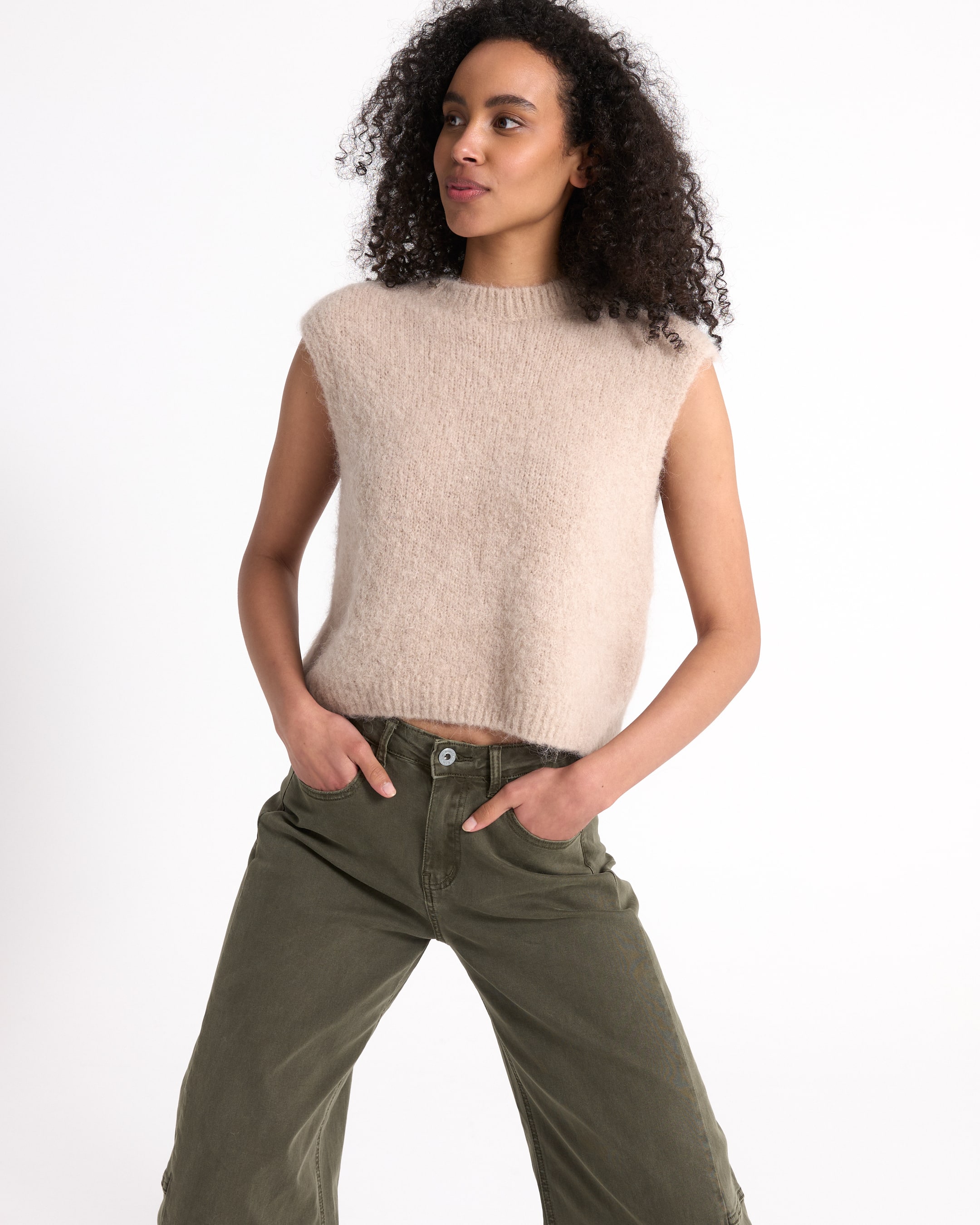 ontblote_mouwloze_sweater, beige_garen_katoen, vachtige_top, tank_top, zacht_pullover