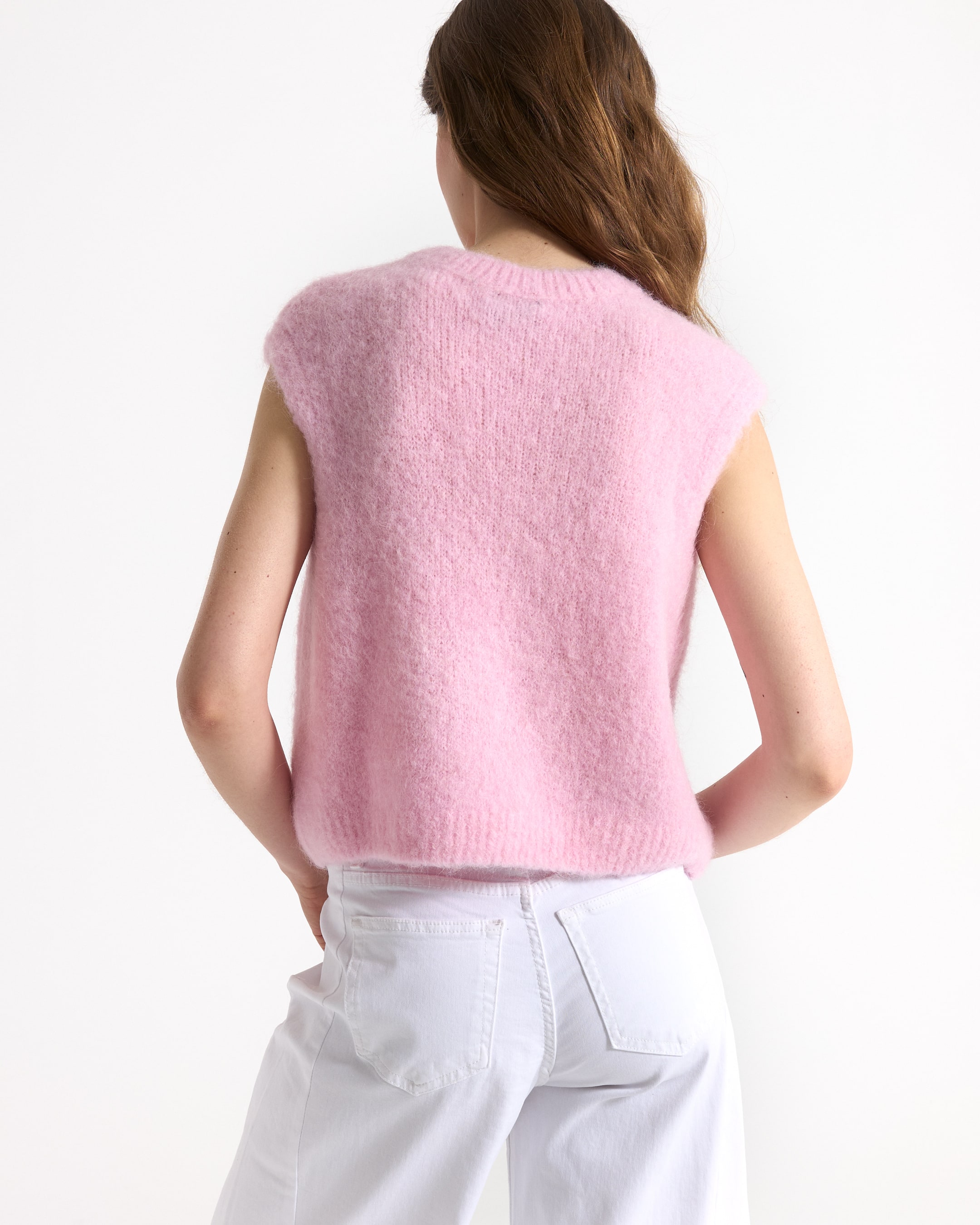 roze, breiwerk, mouwloos, top, vrouwen