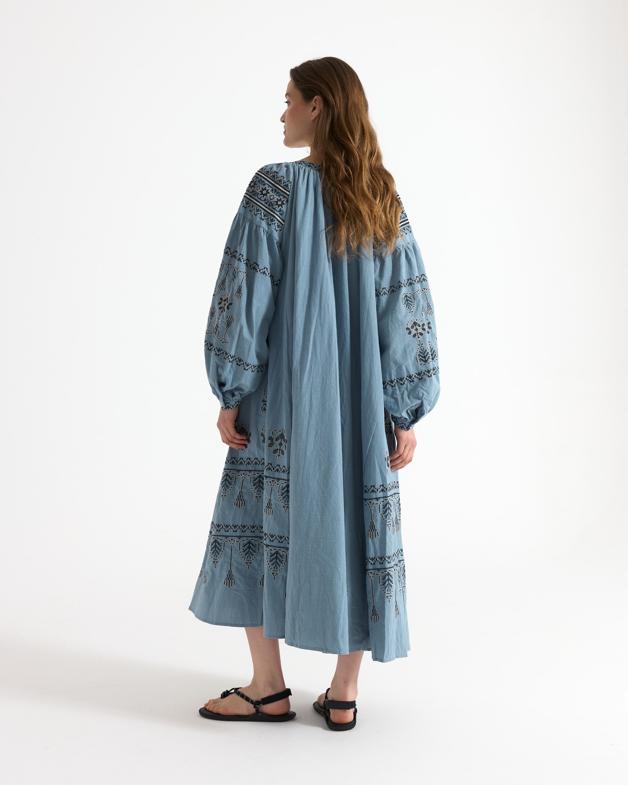 laken, geborduurde jurk, blauwe jurk, lange jurk, boho jurk