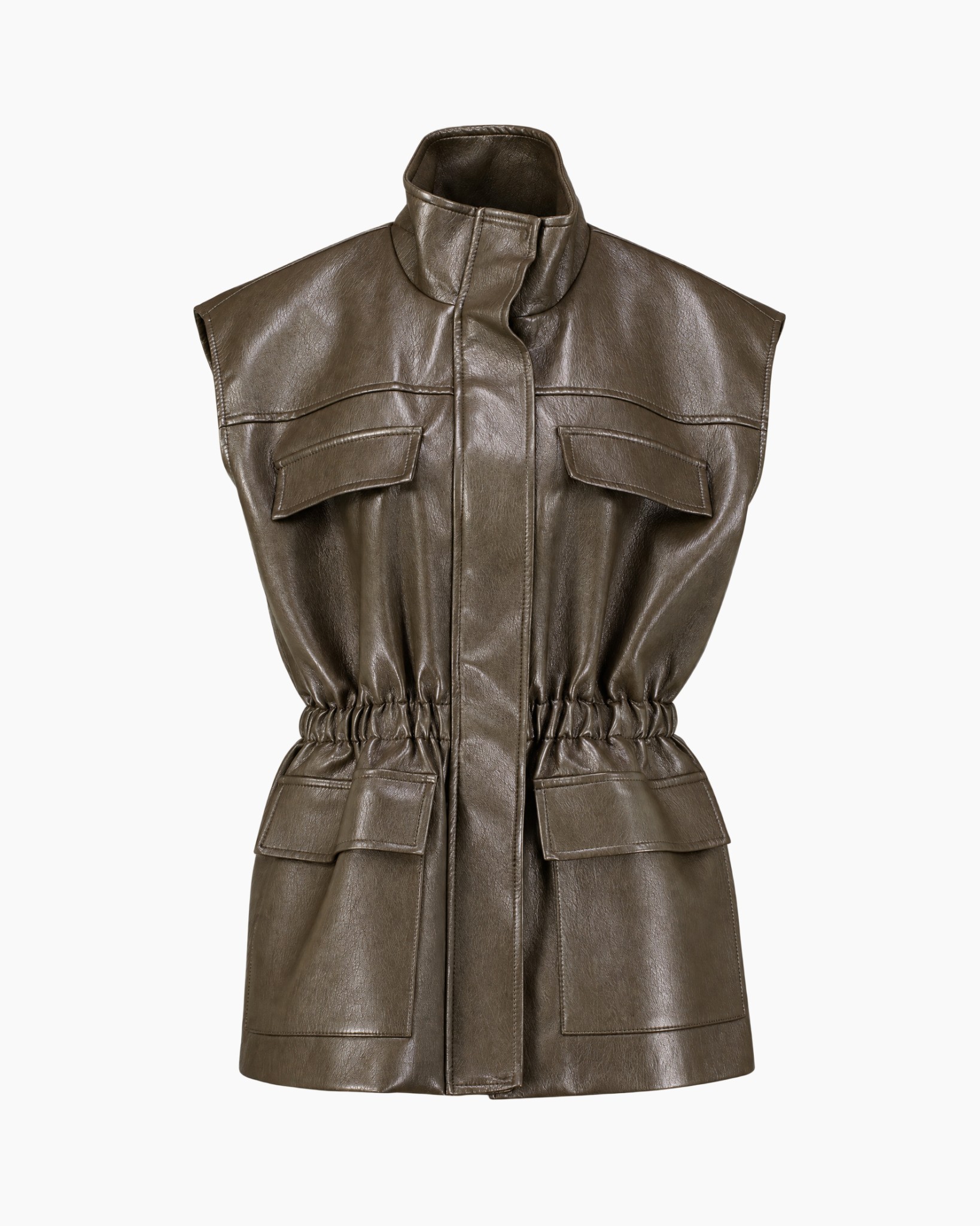 leren vest, riemloze vest, taille-elastiek, bruin metallic, zakken