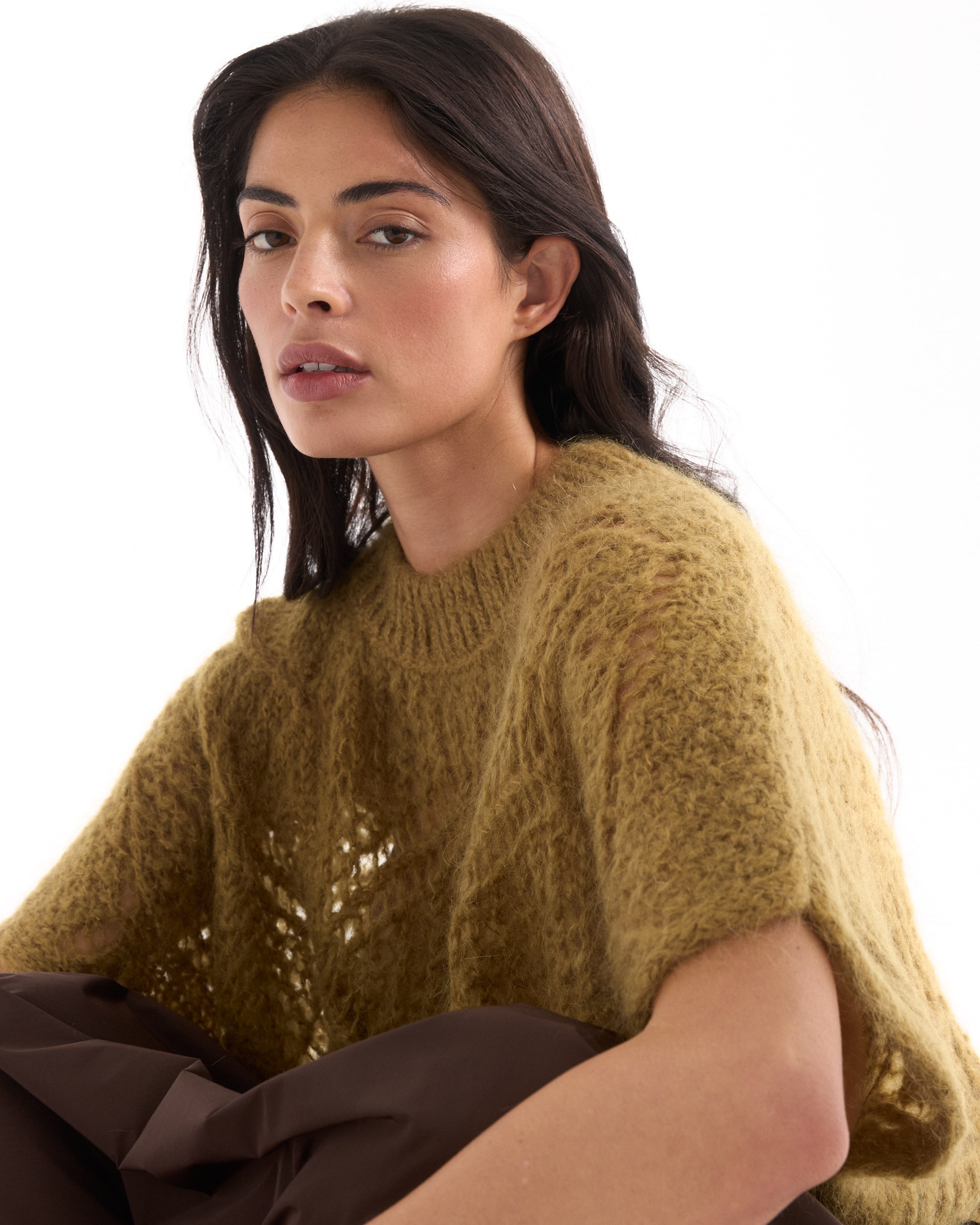 gebreide trui, korte/truop sweater, gouden bruin, textured gebreide, wijd broek