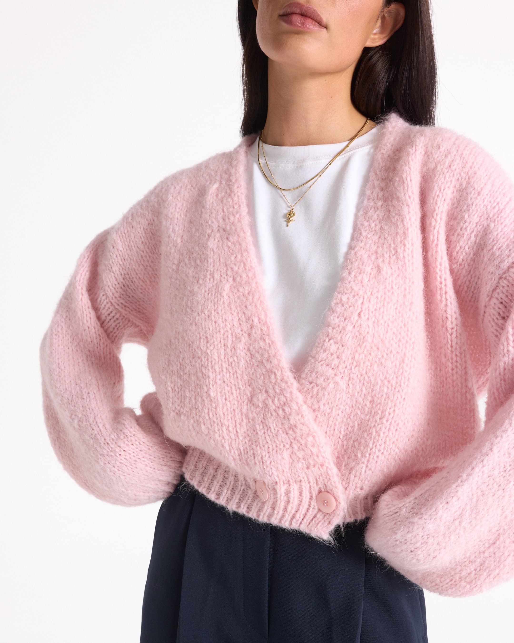 cardigan, roze, gehaakt, zacht, knopen