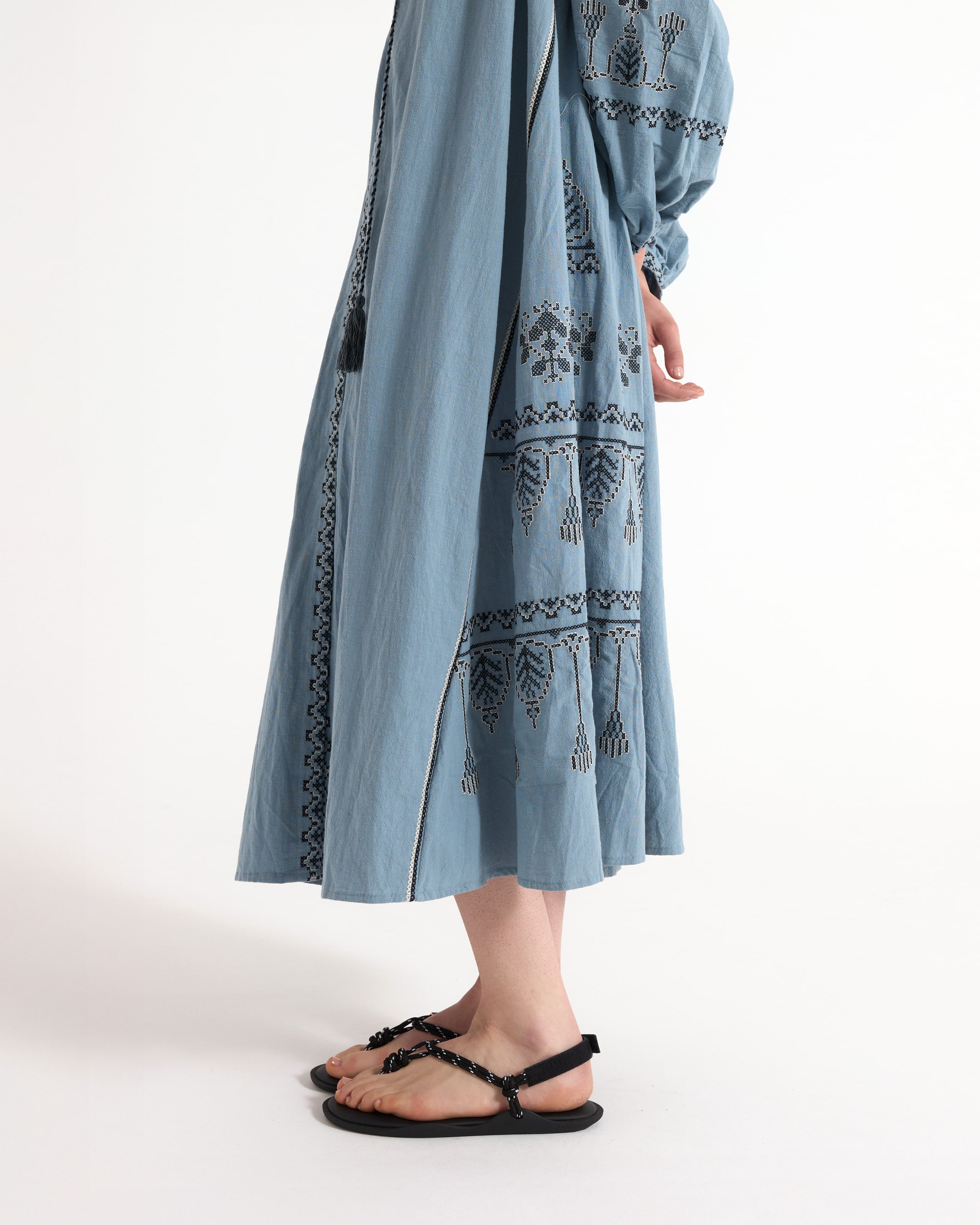 jurk, borduurwerk, maxi, blauw, enkellengte