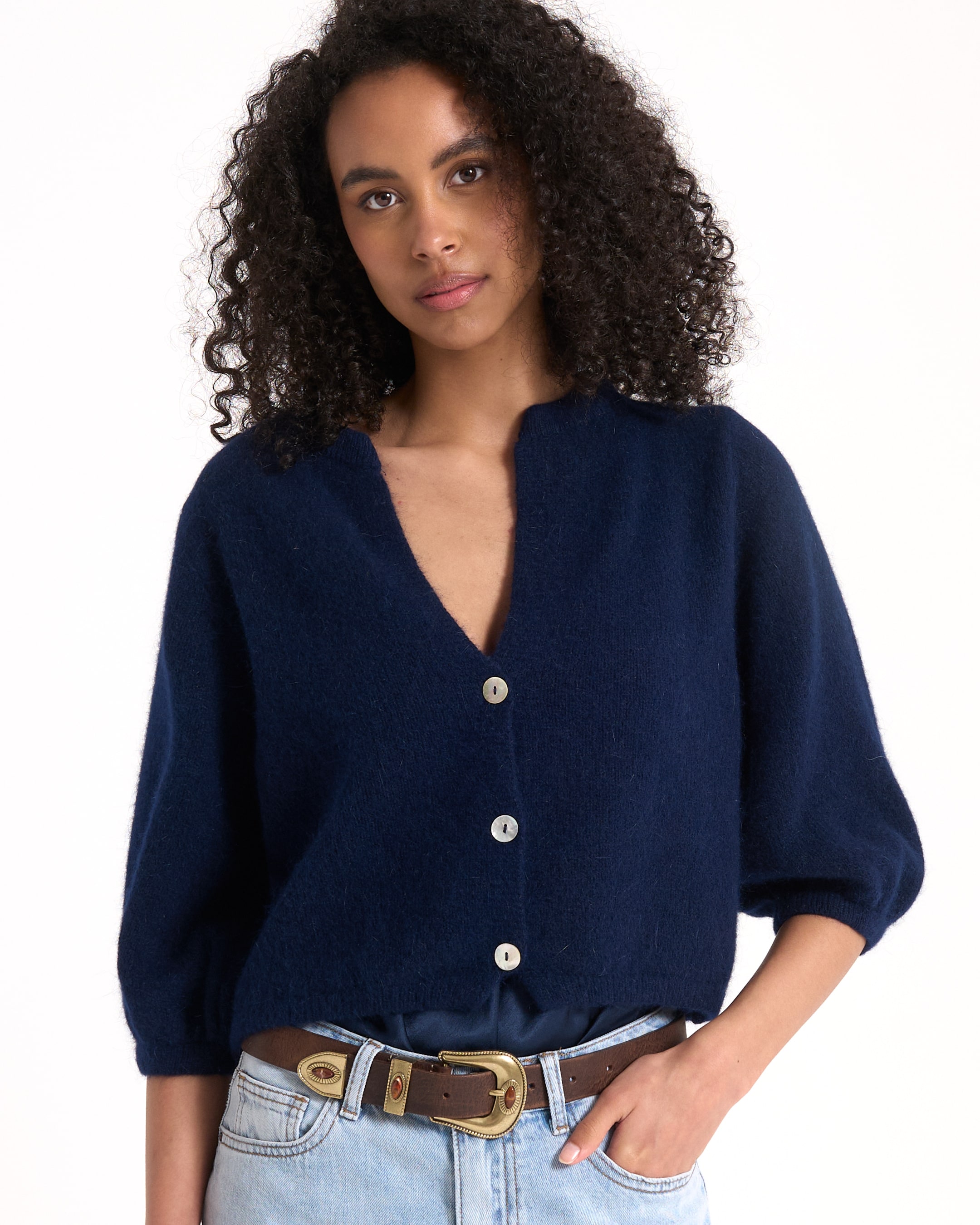 cardigan, navy, breip, knit, buttons, langers