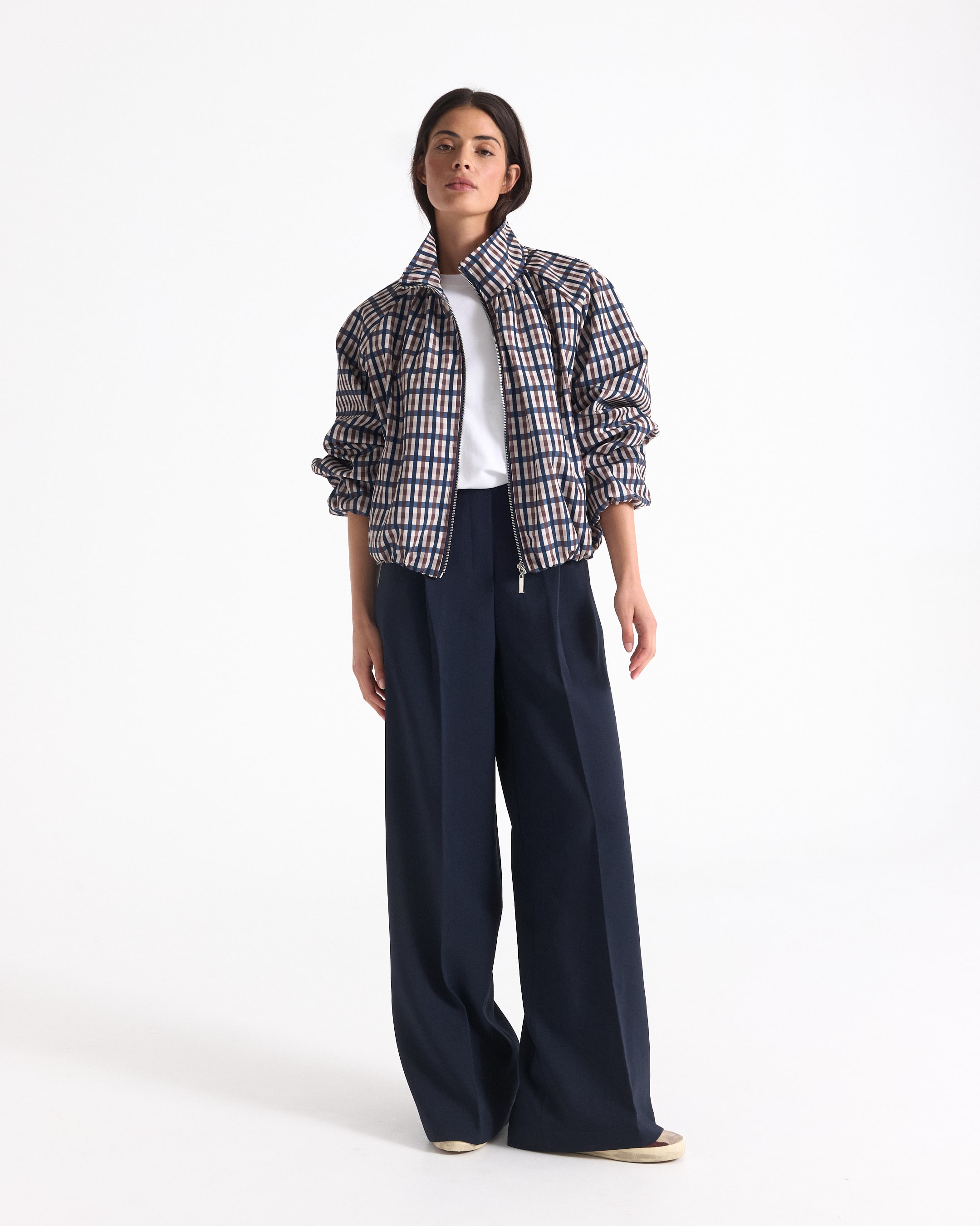 jas, geruit, pufferjas, navy, wijdte-broek