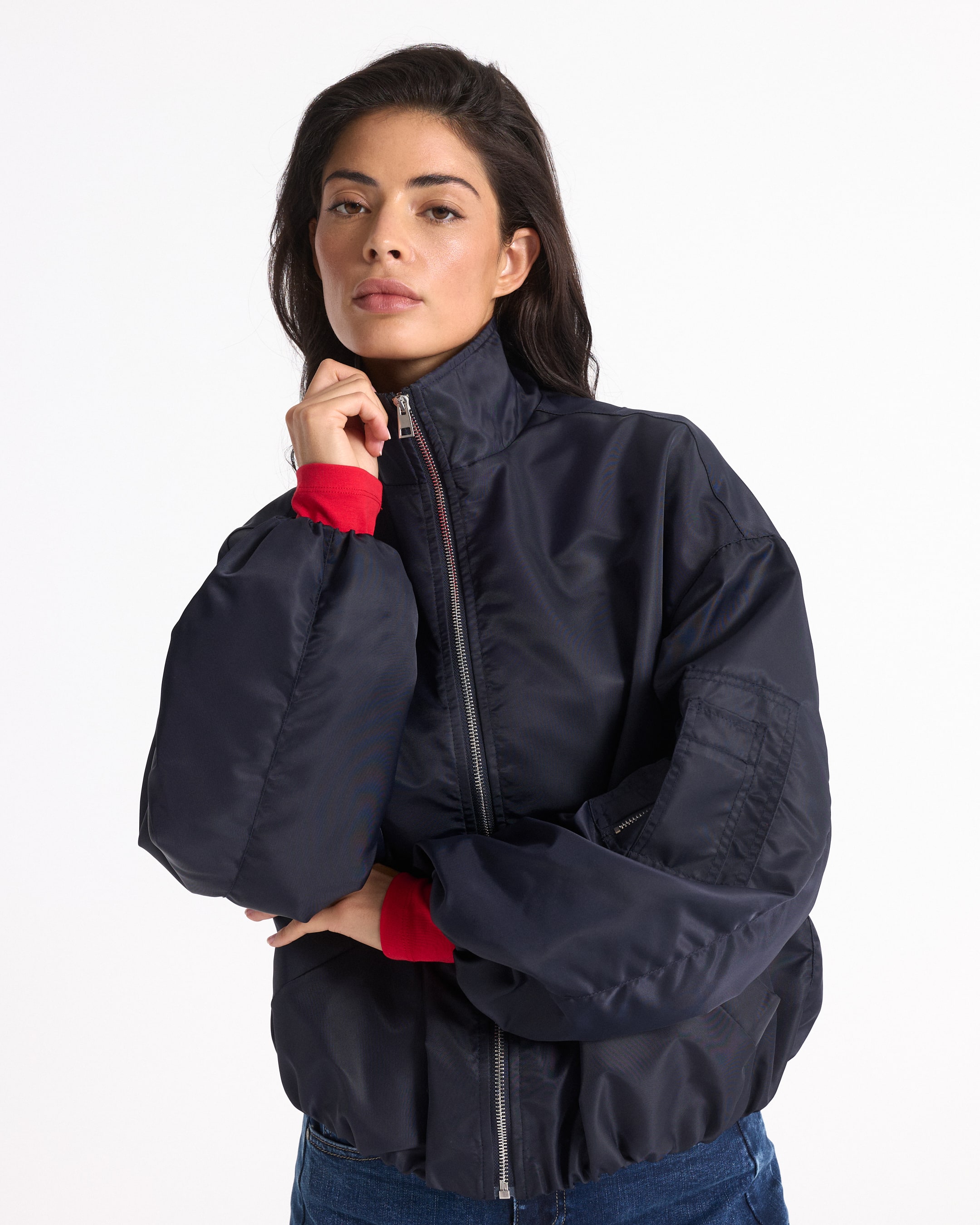 bomberjacke, Pufferjacke, Reißverschluss, Marineblau, langeärmlig