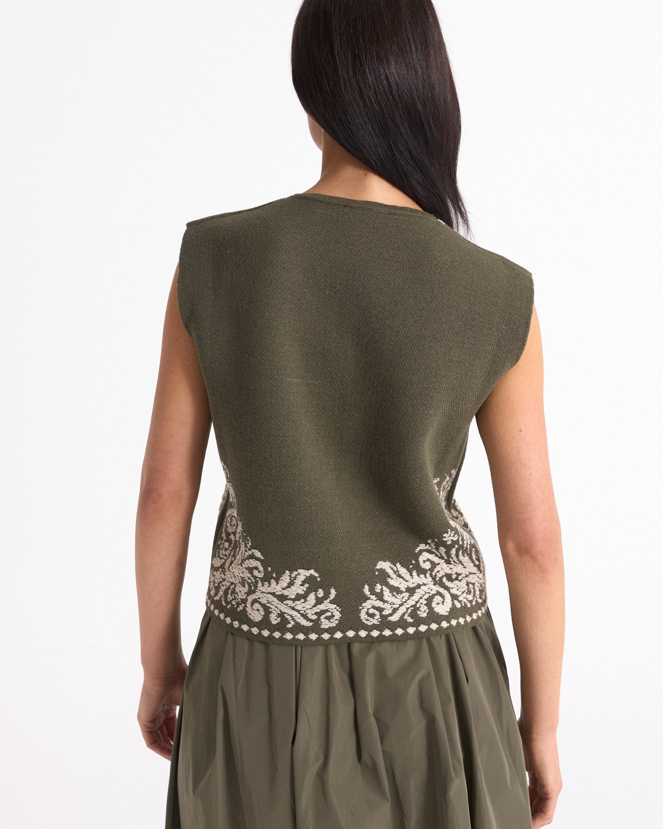vests gebreid, olijfgroen, borduring, mouwloos, asymmetrische zoom