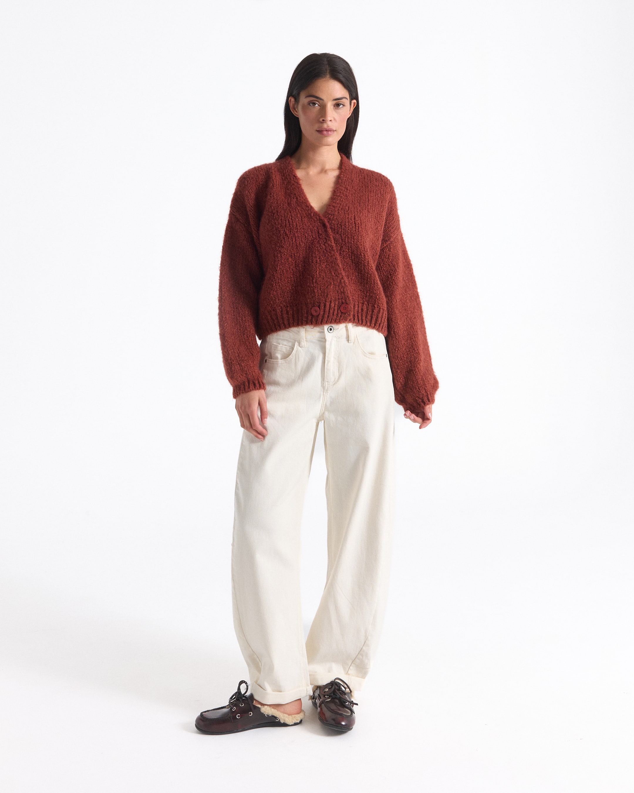 gebreide trui, vest, rustkleur, pannetje gebreid, korte sweater