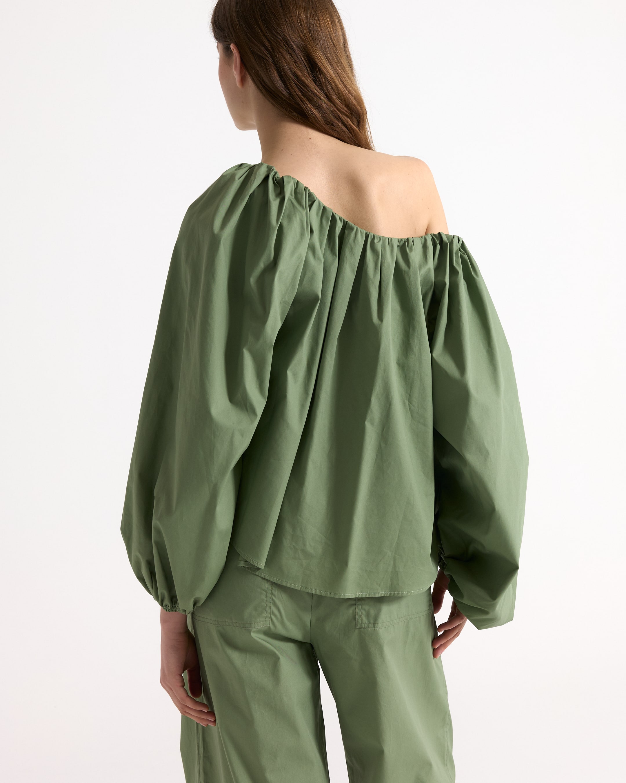 groen, off-the-shoulder, pofmouw, top, lang-geruwd