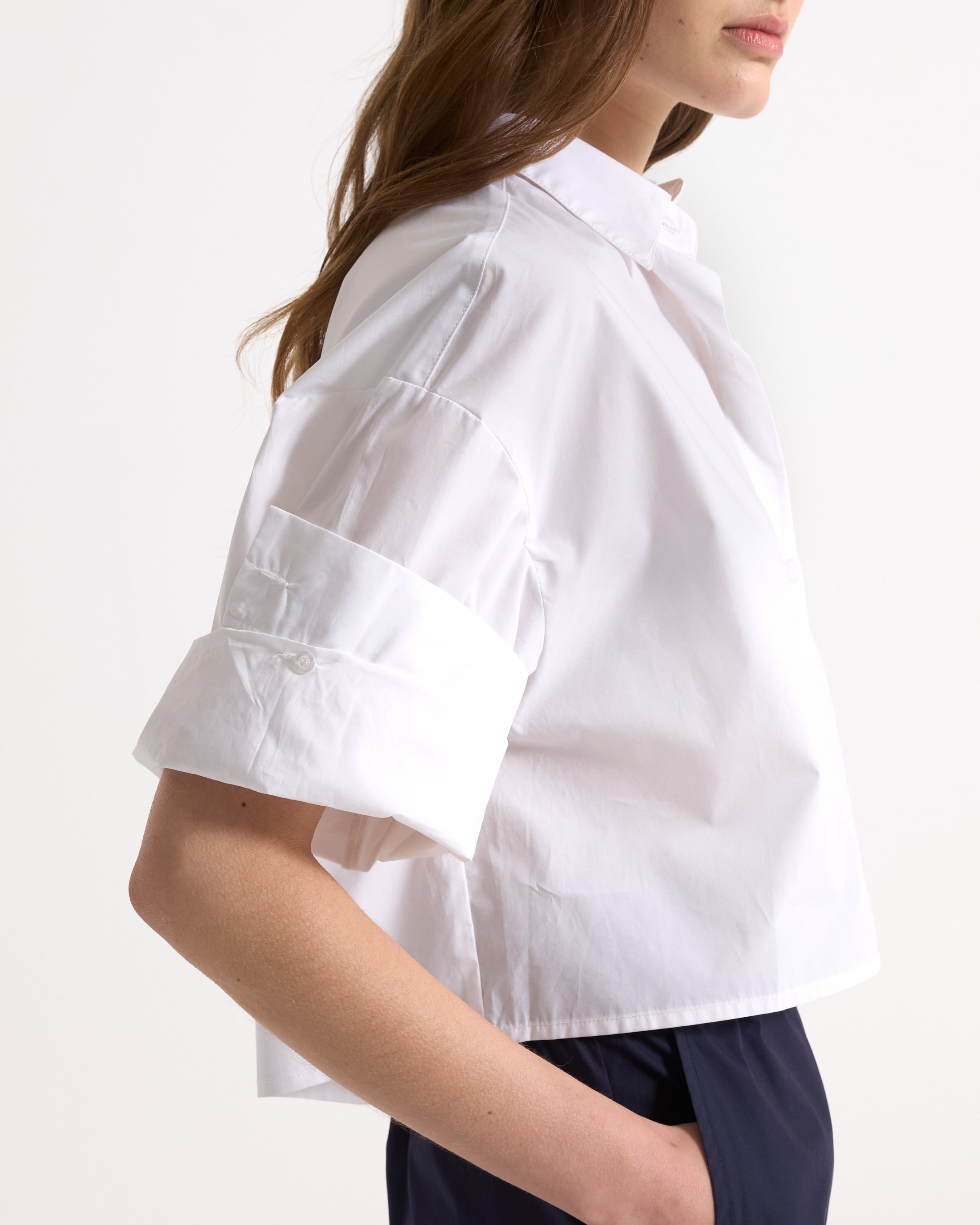 witte blouse, korte mouw, kraag, lose pasvorm, katoen